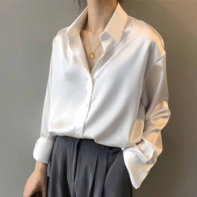 Silk Korean Office Ladies Elegant Shirt Blouse Button Up Satin Long Sleeve Shirt