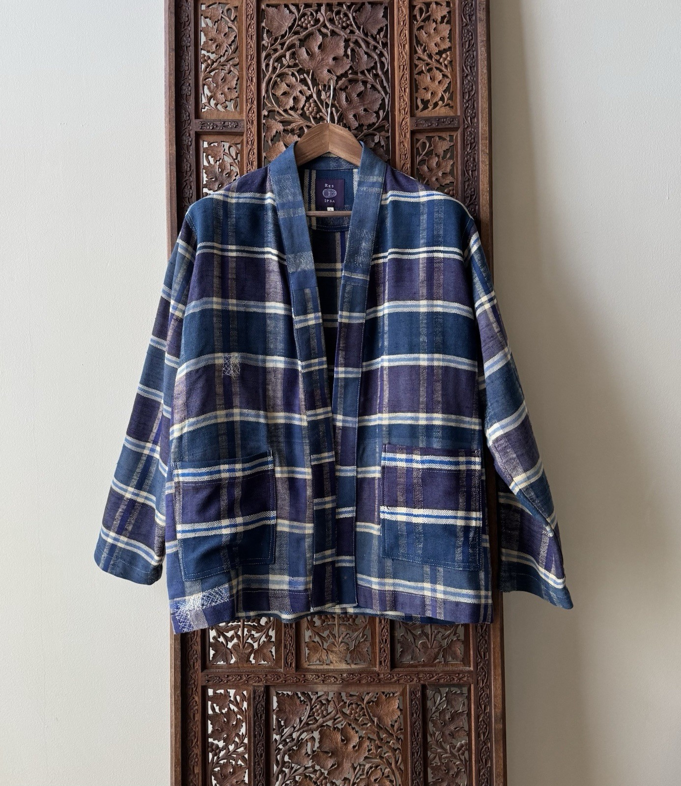 Res Ipsa Indigo Plaid Handwoven Linen Kimono Jacket Unisex L Vintage Morocco