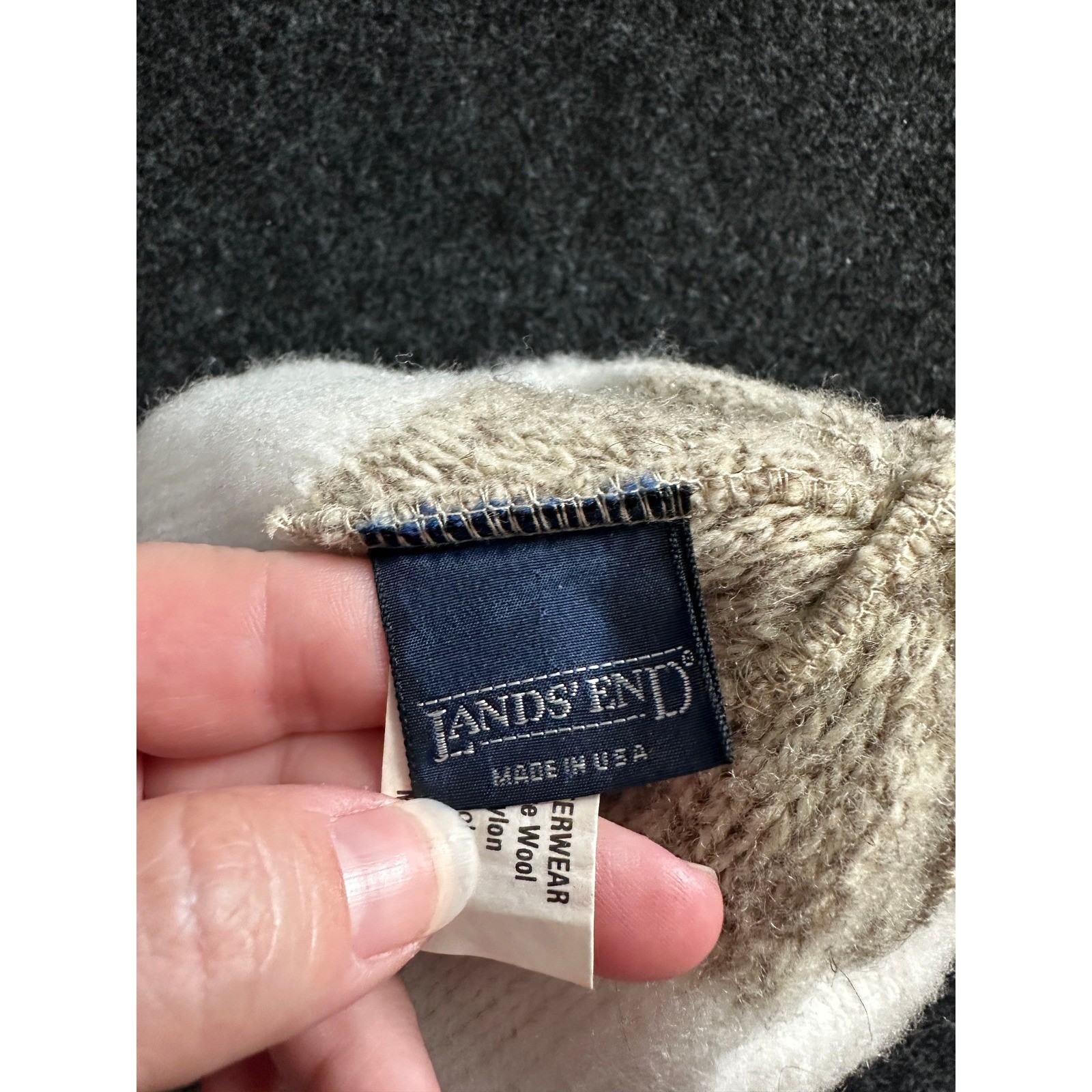 Lands End Wool Blend Knit Beanie Hat Made in USA Tan Beige Cuffed Watch Cap VTG