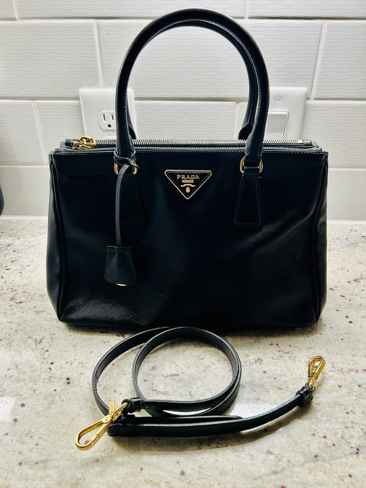 PRADA Black Galleria Saffiano Leather Top Handle Bag w/ Adjustable Strap, Gold