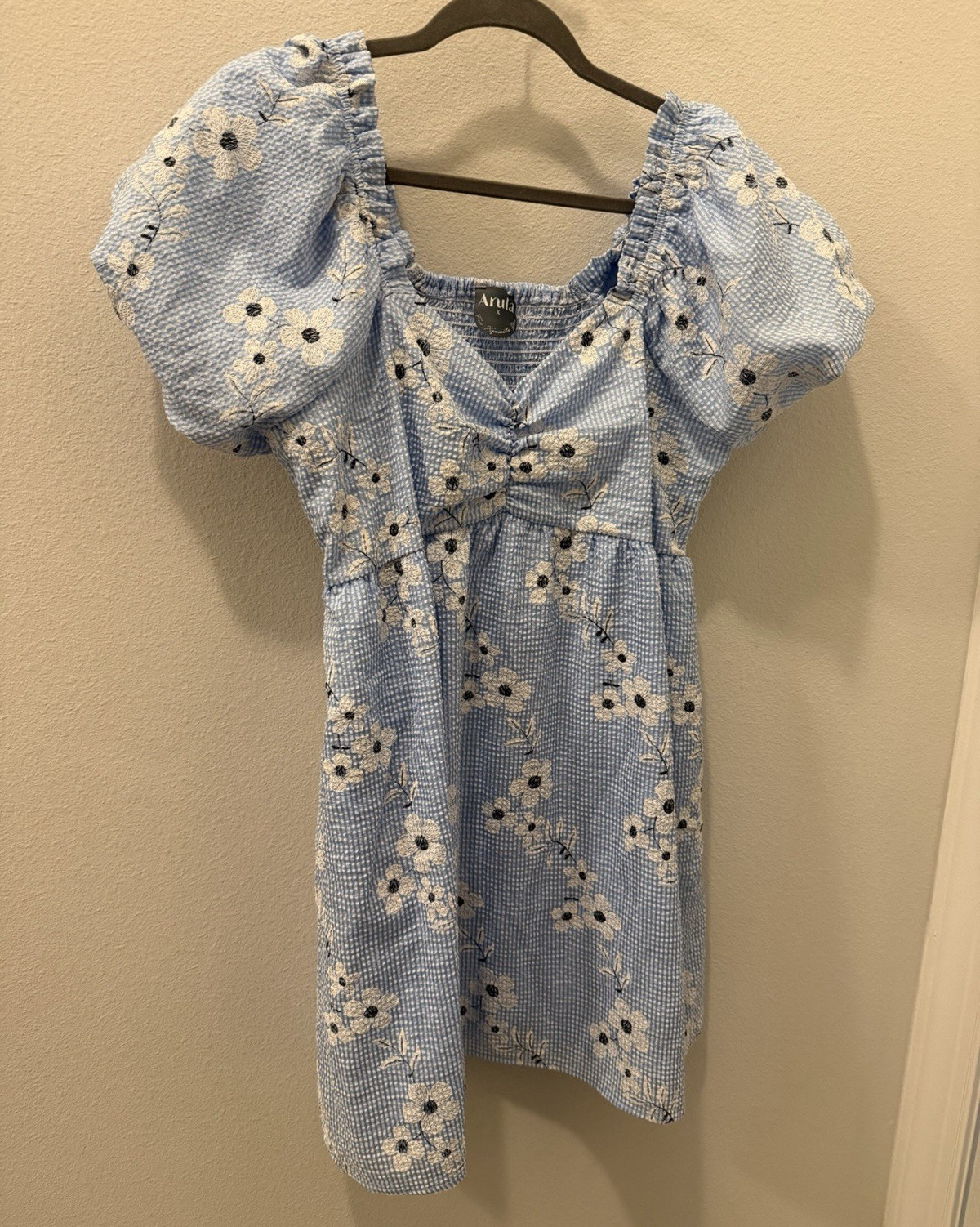 Arula Blue Floral Smocked Puff Sleeve V-Neck Mini Dress Women’s Size X