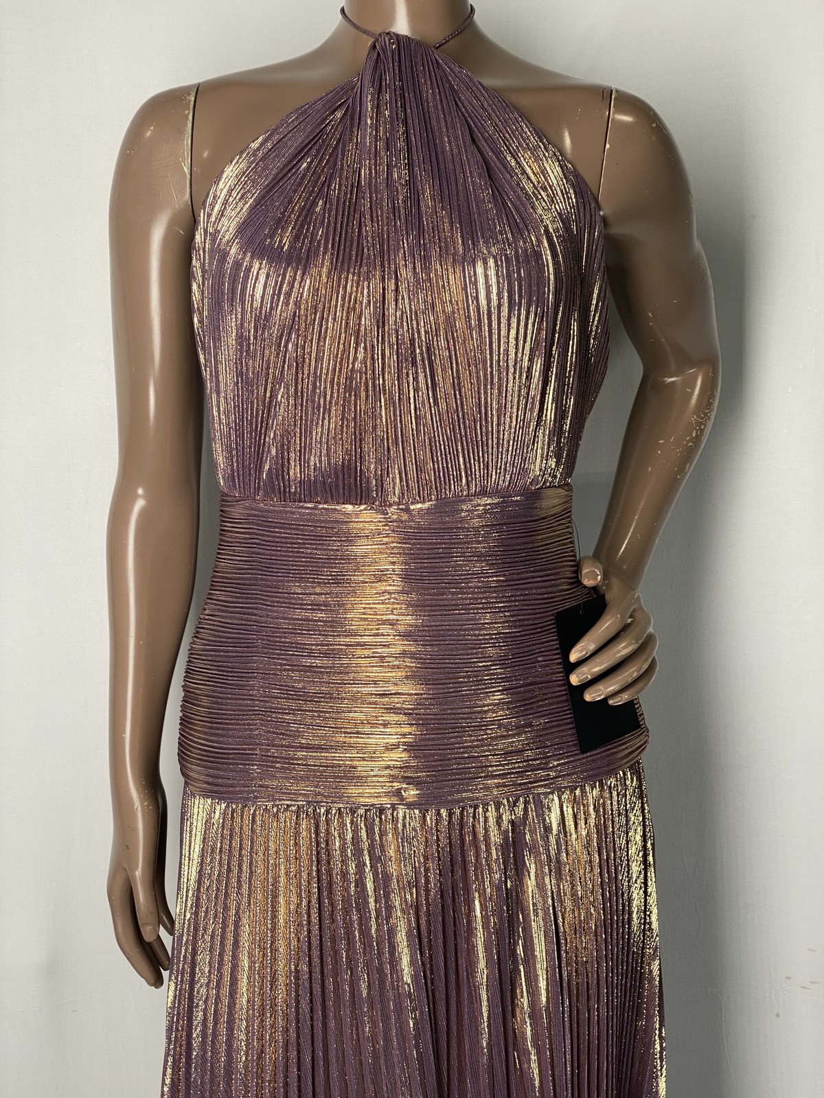 Retrofete Womens Maxi Dress Purple/Gold Size XS Thalia Halter Neck Pleated