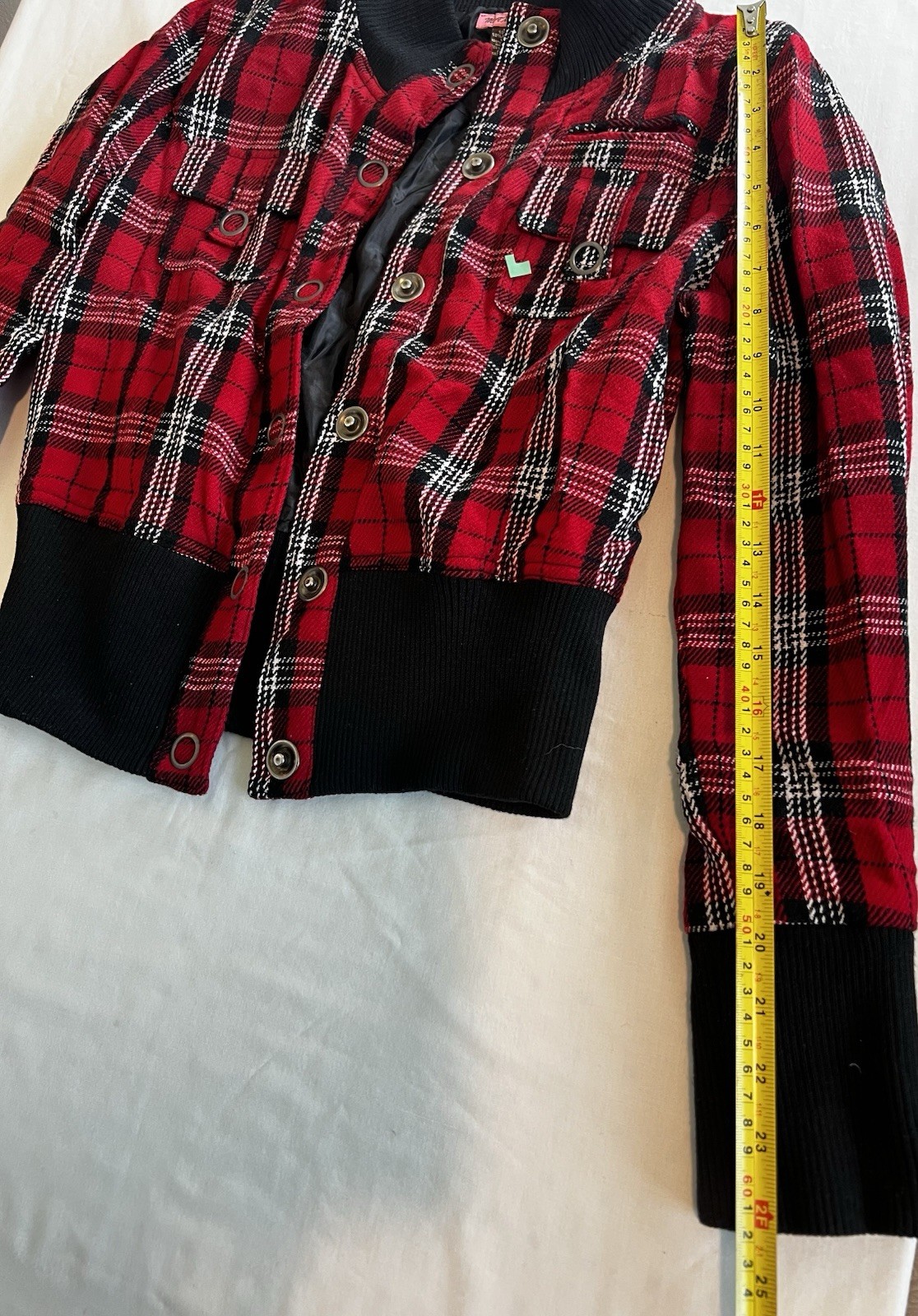 Vintage Red Black Plaid Bomber Jacket Snap Front Ribbed Trim Retro Punk L