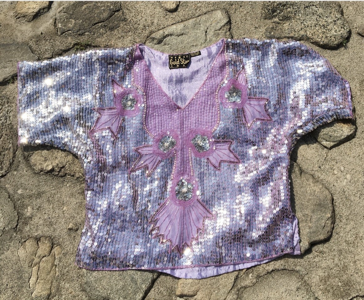 Vintage Lavender+Silver Indian Silk Sequin Top Goldstar XS-M