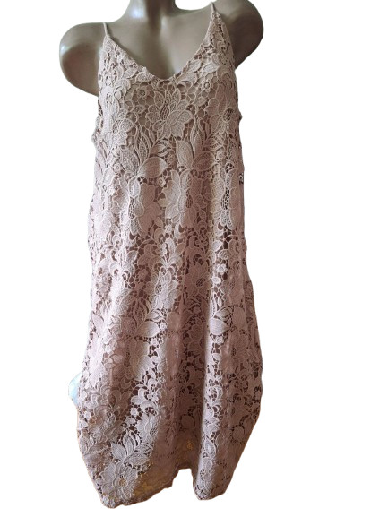 H&M Blush Pink Lace Slip Dress Lined Crochet Guipure Boho Cami Maxi Size L