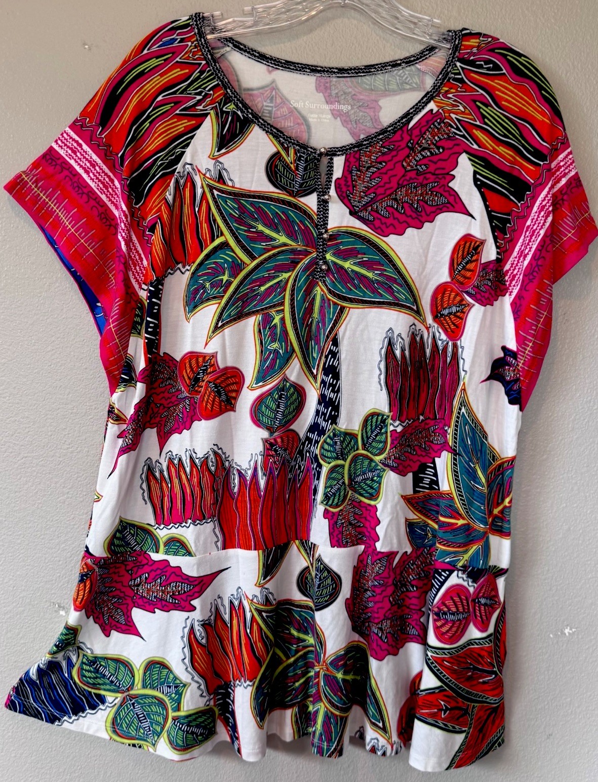 Soft Surroundings Viscose Jersey Brilliant Multicolor Print Peplum Top XL P