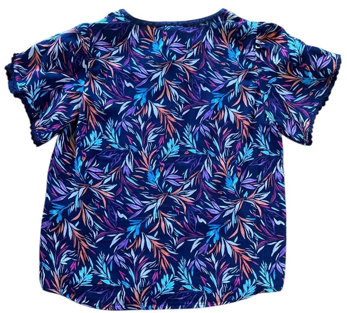 Chicos Cotton Navy Blue &Leaves Print Blouse Crochet Trim Drawstring Tassel Sz 1