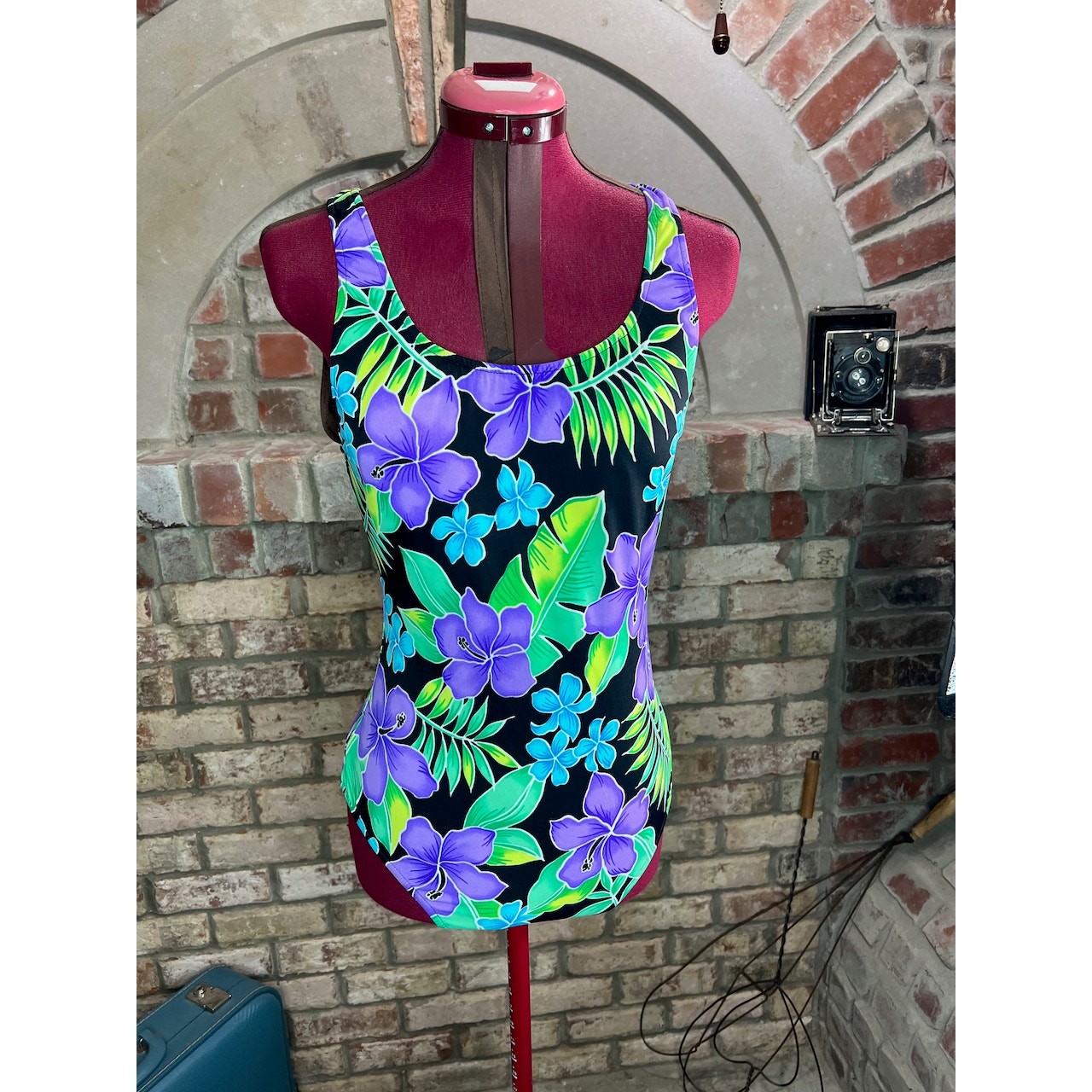 one piece swimsuit floral bright purple green blue