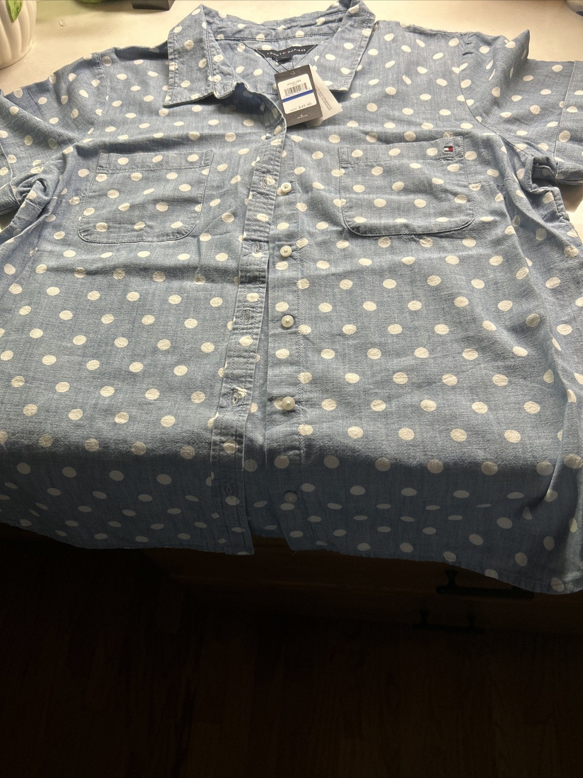 NWT TOMMY HILFIGER Tops Size XL LIGHT BLUE/WHITE Polka Dot BUTTON UP Blouse/POLK