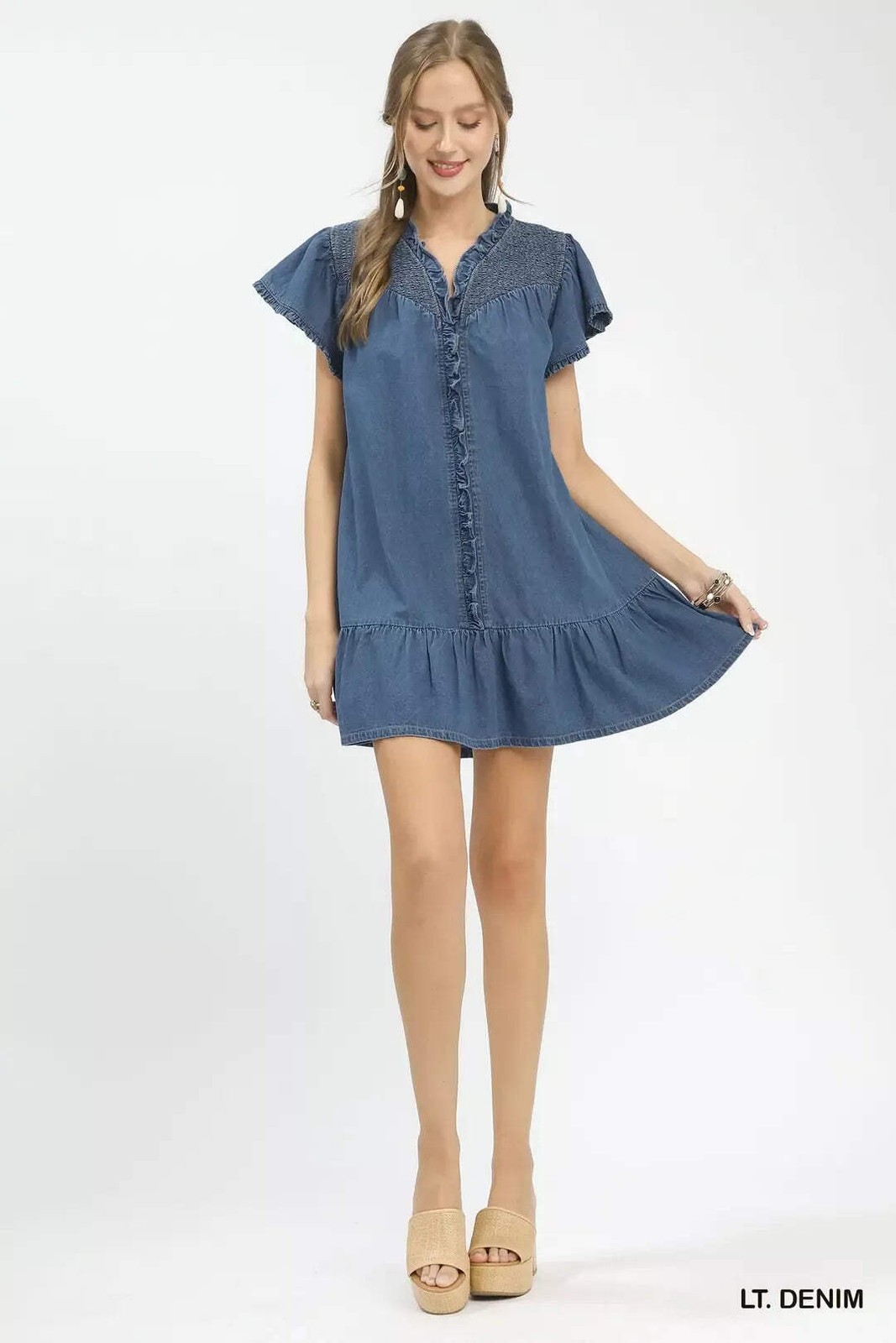 Umgee 100% Cotton Blue Denim Ruffled Collar Flared Short Sleeve Ruffle Hem Dress