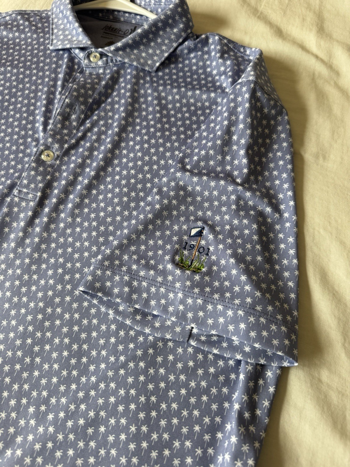 johnnie-O Performance Men’s Polo Shirt M Blue Palm Tree Print Stretch Golf