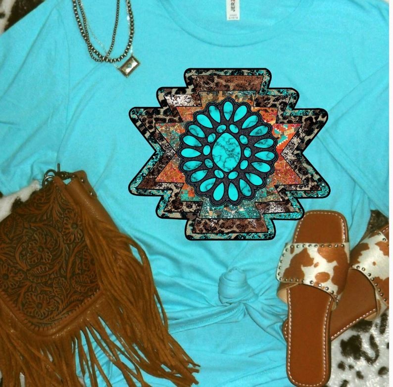 Western Aztec Shirt, NWT, Size M, Country, Cowgirl, Turqoise Tee, Gemstone,