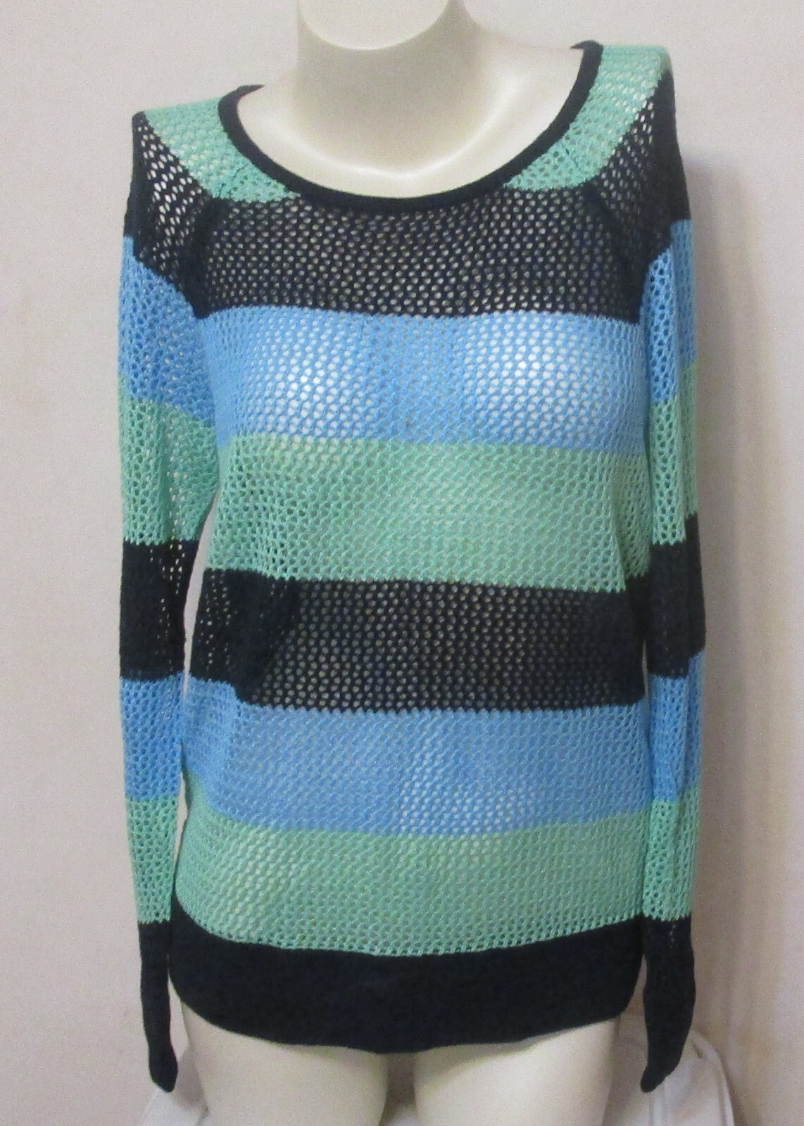 525 America Long Sleeve Crochet Open Knit Pullover Cover Up Sweater Blue Green M