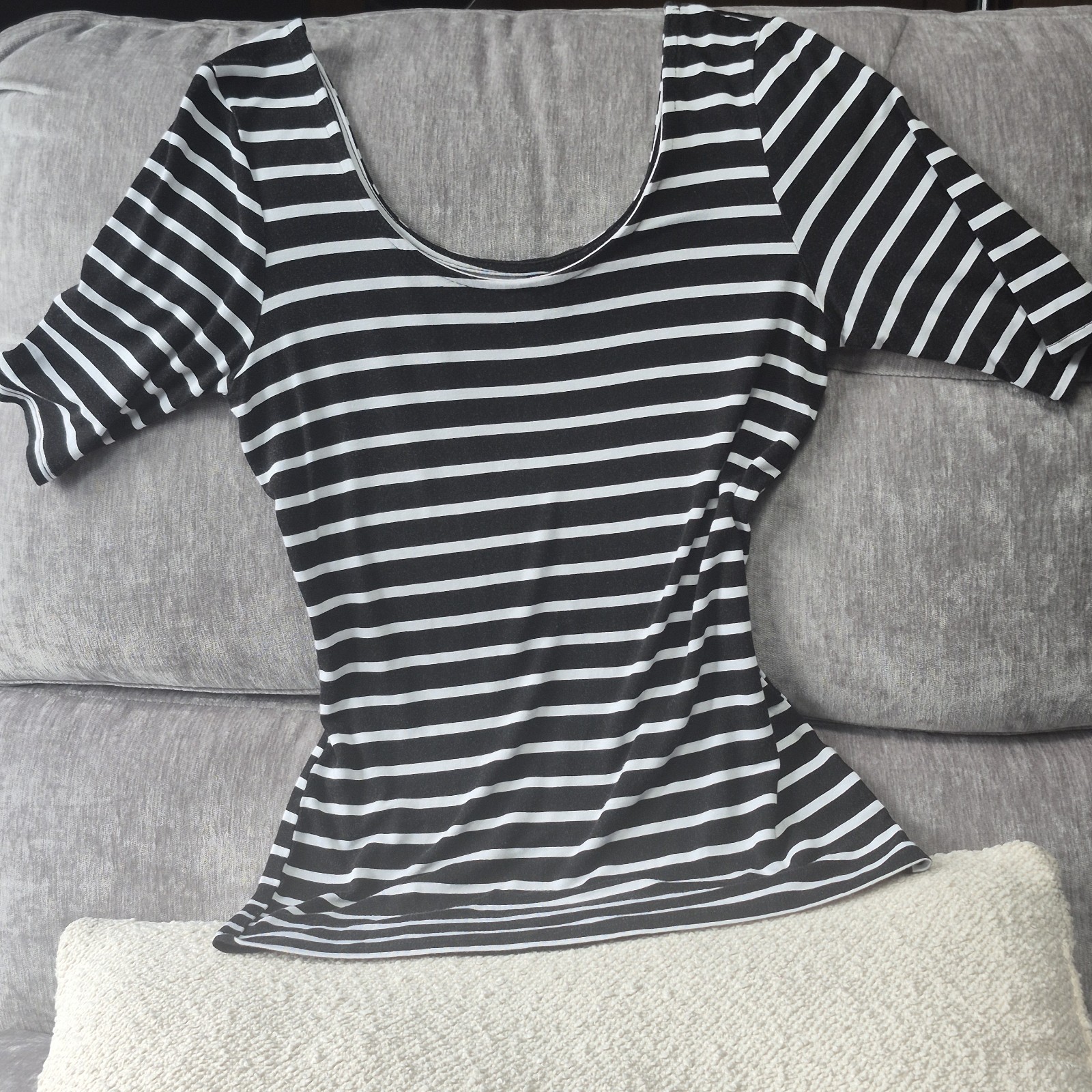 Black White Striped Scoop Neck Top Size L Soft Stretch Parisian Chic Clean Girl