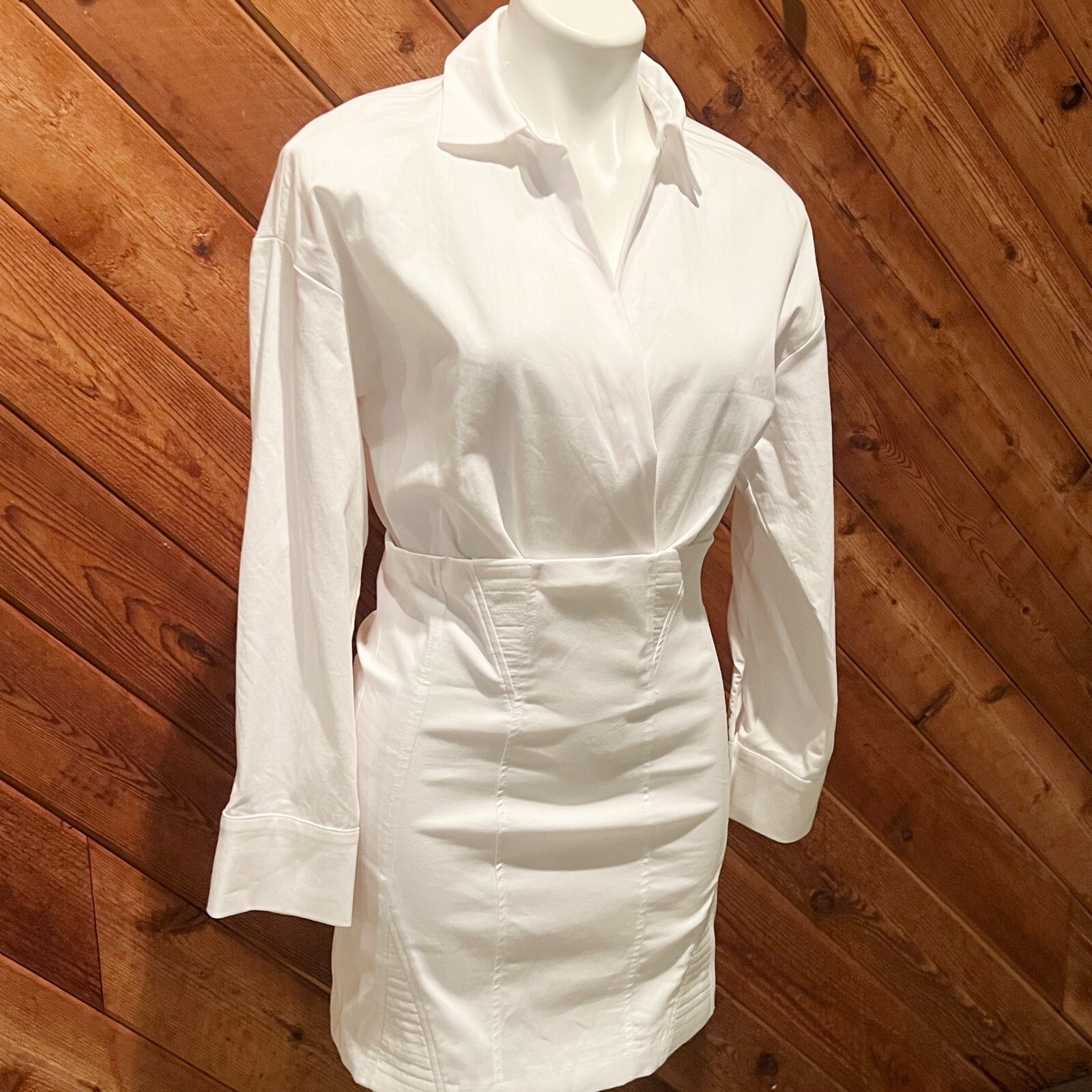 NWT Zara Structured Poplin Collared Long Sleeve Mini Shirt Dress White Medium