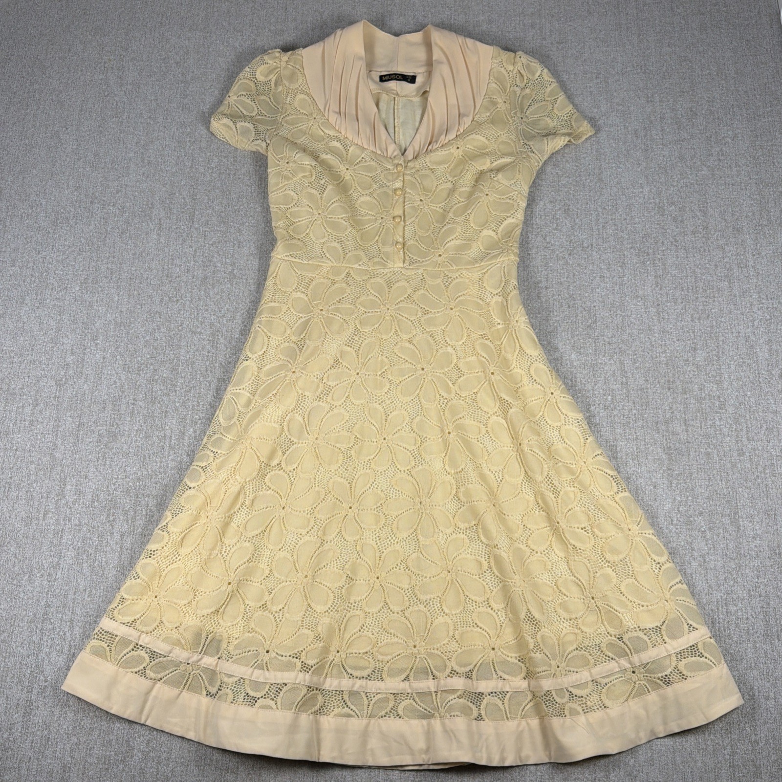 Butter Yellow Crochet Lace Dress Womens M Fit & Flare Vintage Cottagecore