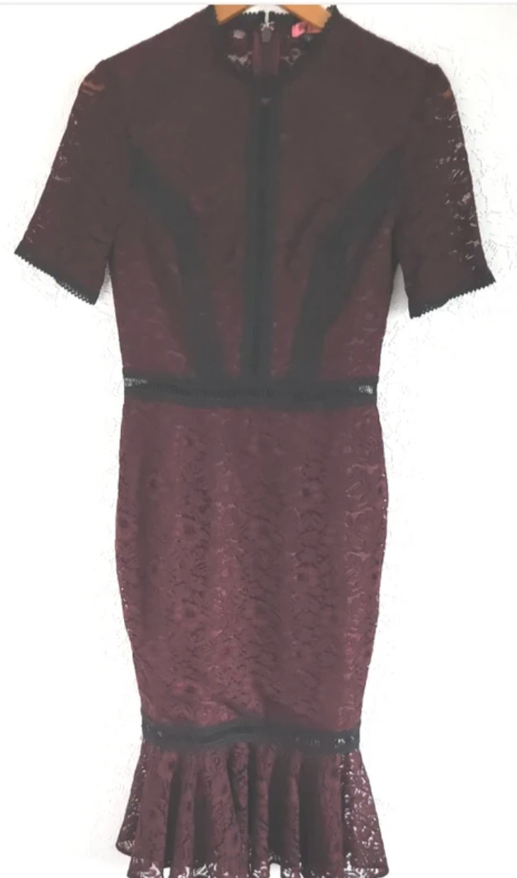 Chi Chi Sharney Dress Berry Red Black Inserts Pencil Style Frill Hem Midi 8-10
