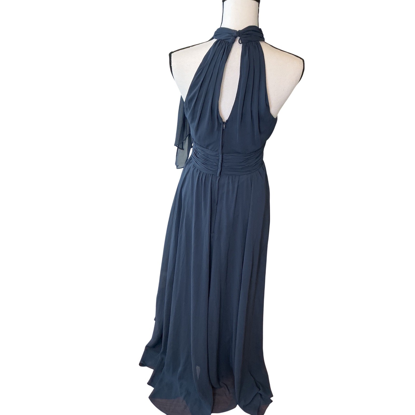 Mori Lee Madeline Gardner Navy Blue Chiffon Halter Neck Evening Gown Dress 8