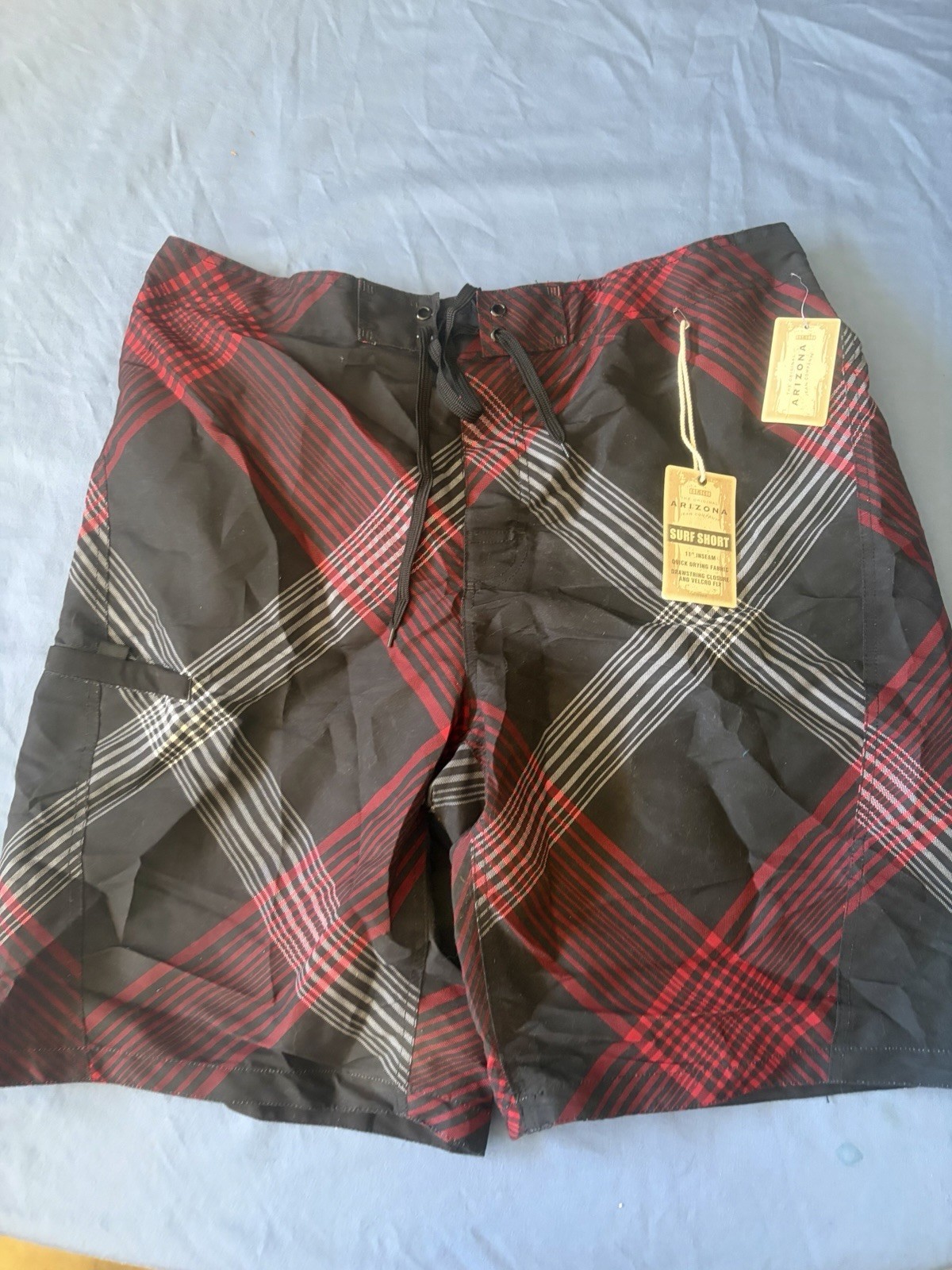 Arizona Men’s XL Plaid Board Shorts Swim Trunks Black/Red/White Drawstring