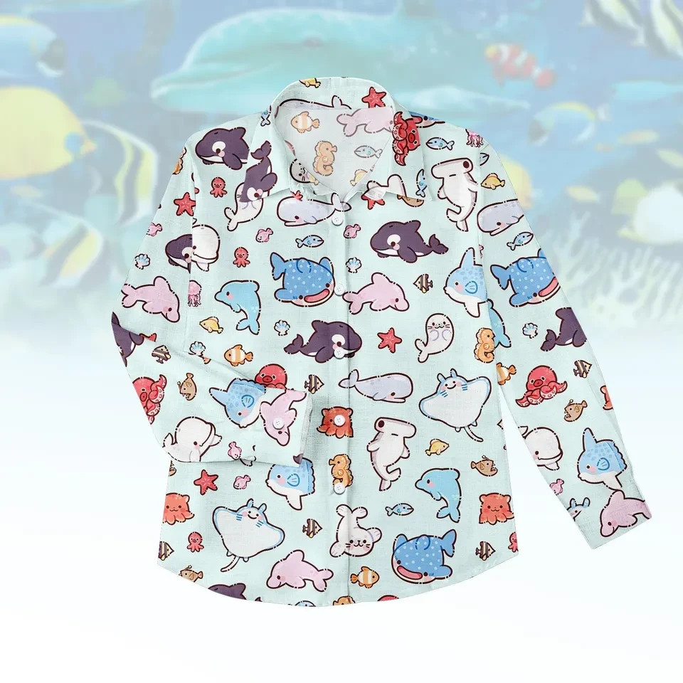 Kawaii Ocean Sea Animal Blouse Casual Shirt Cute Whale Dolphin Gift For Girls