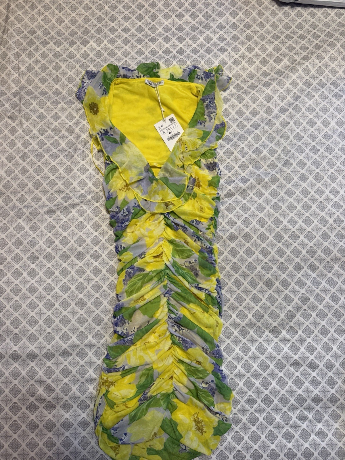 Zara Yellow Floral Chiffon Ruched Ruffle V-Neck Sleeveless Midi Dress S