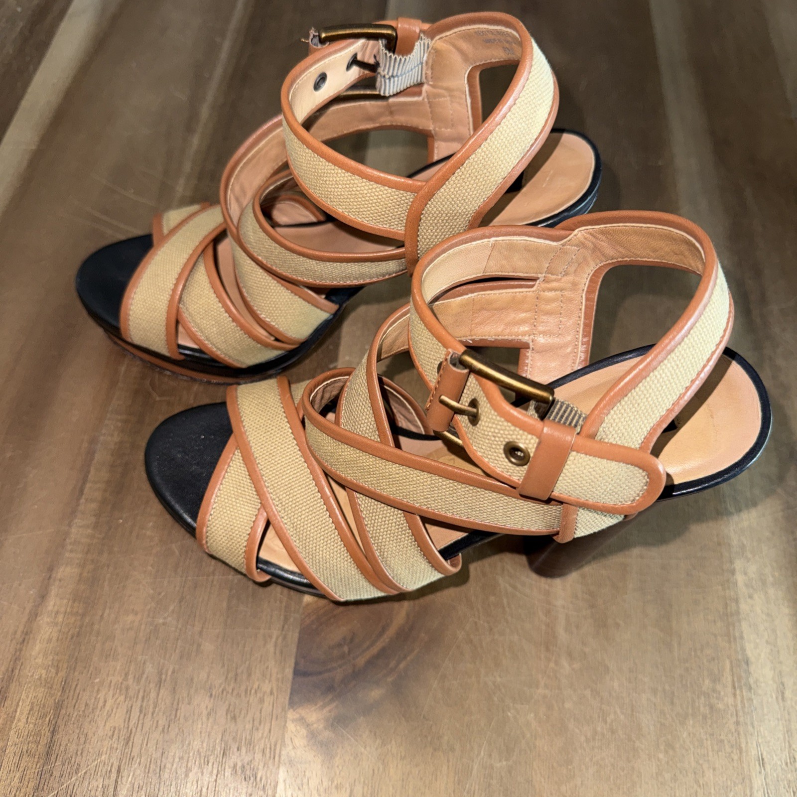 Ann Taylor Strappy Platform High Heel Sandals 7M Tan Safari Canvas Cone 5″ Heel
