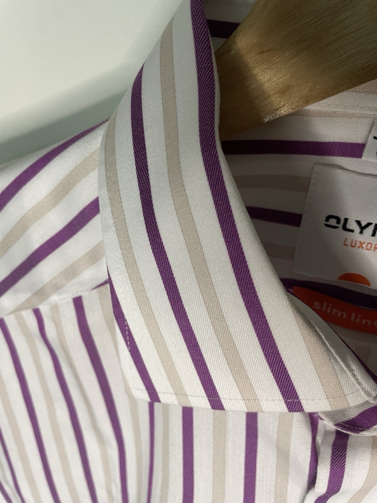 Olymp Luxor Dress Shirt Mens M 39 purple Stripe slim Line Non Iron Twill LS