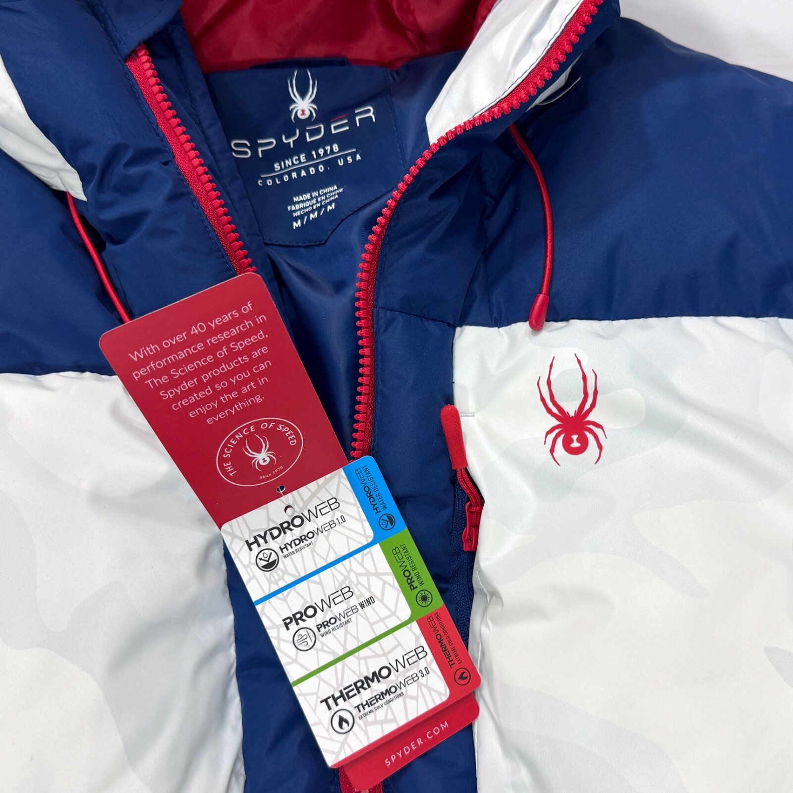 Spyder Puffer Jacket USA Ski Team Patch Red White Blue Camo Web Sizes S, M, L