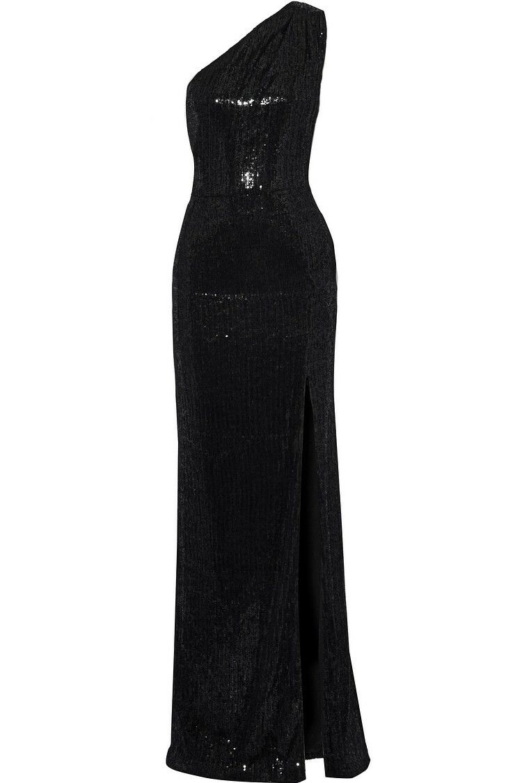 HANEY Black One Shoulder Sequin Embellished Velvet Hi-Slit Maxi Gown Dress 6 = S