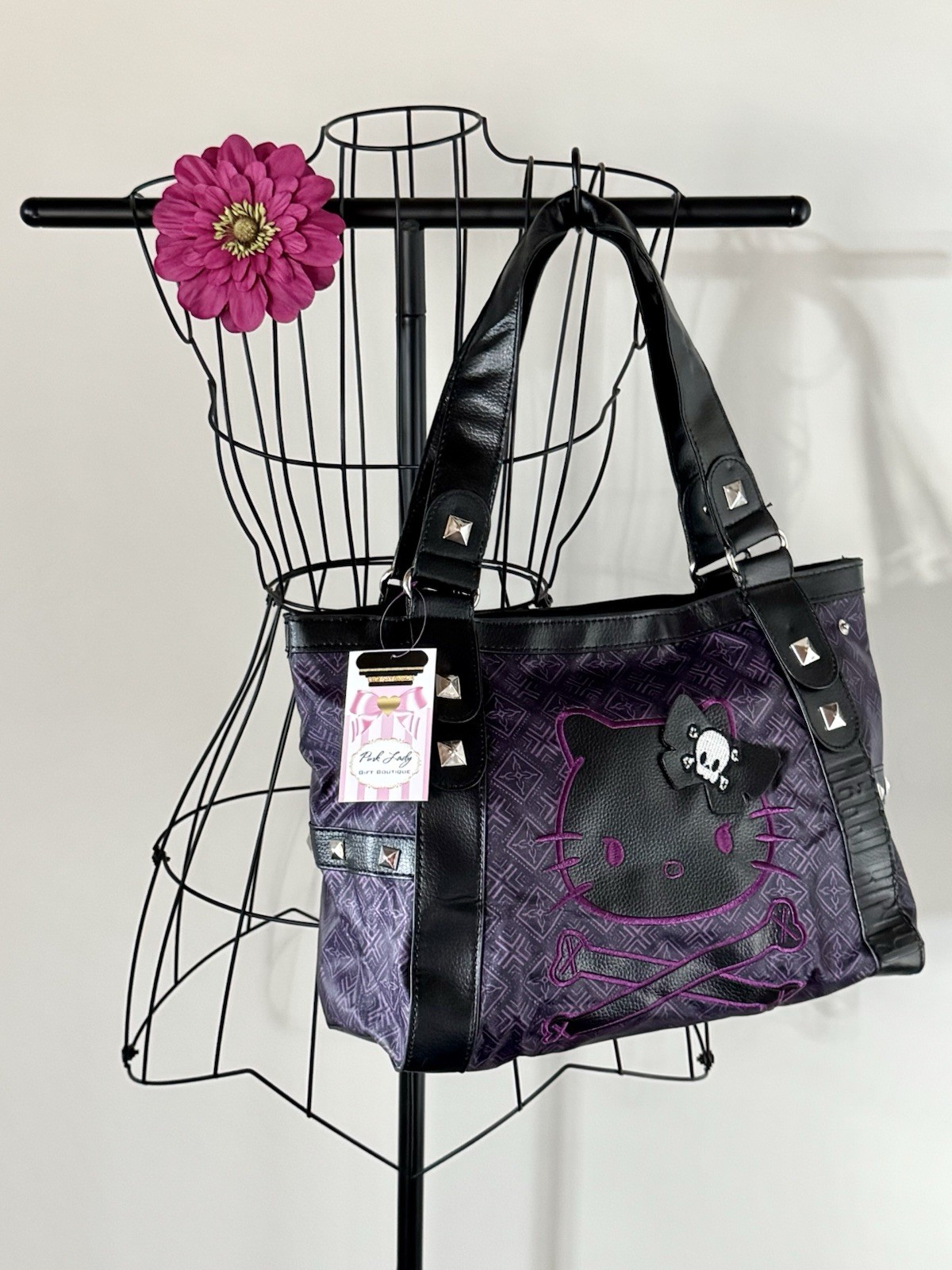 New Gothic Hello Kitty Purple & Black Skull Skeleton Handbag Purse 18” x 12”