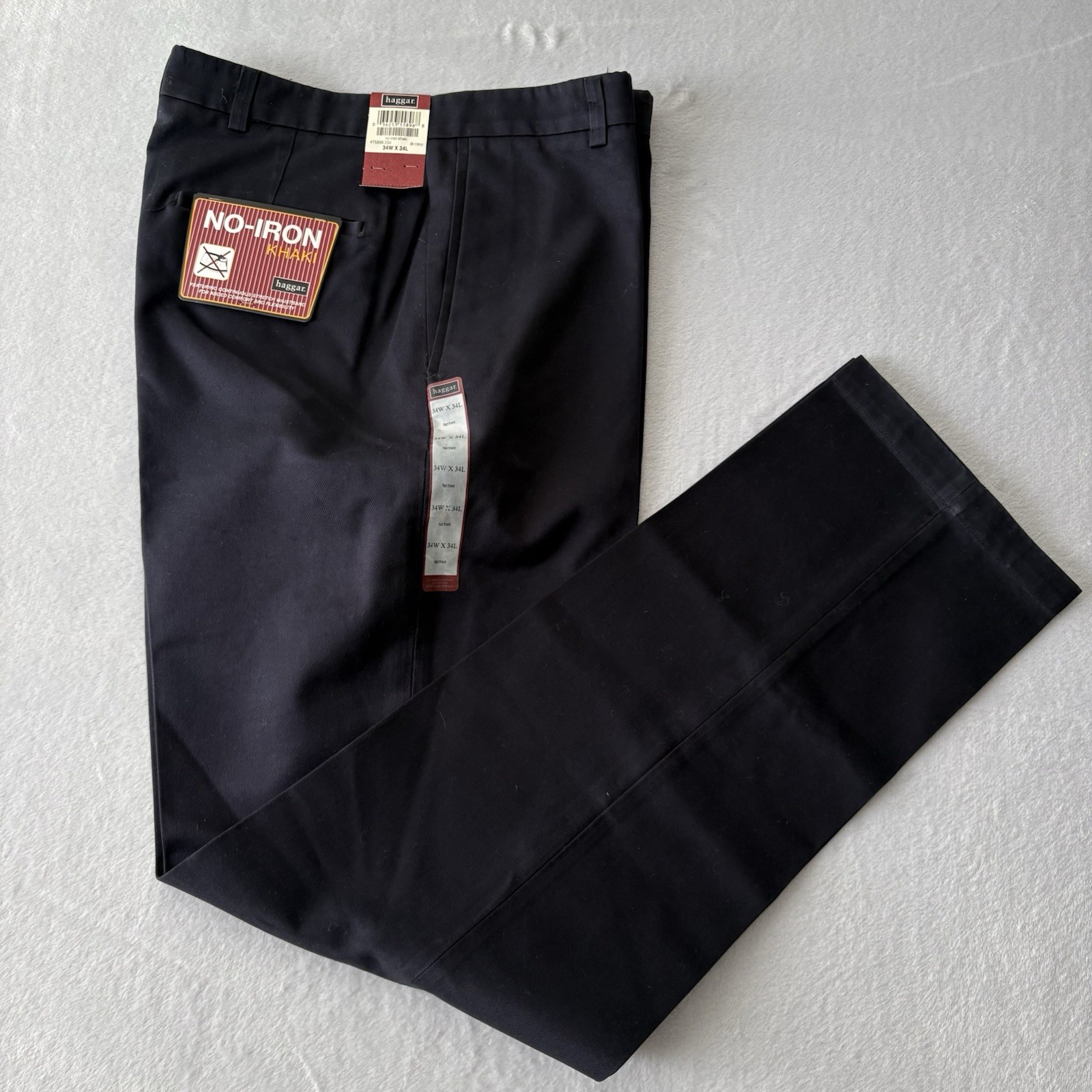 HAGGAR No Iron Khaki Pants Flat Front Classic Fit Mens 34×34 Dark Navy Color NWT