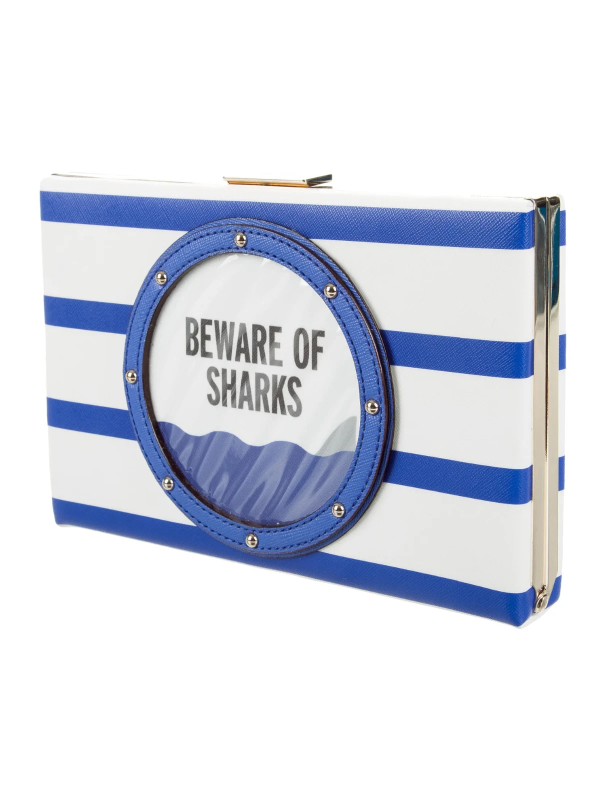 NWT KATE SPADE Emanuelle Make A Splash Beware Of Sharks Blue Stripe Clutch Purse