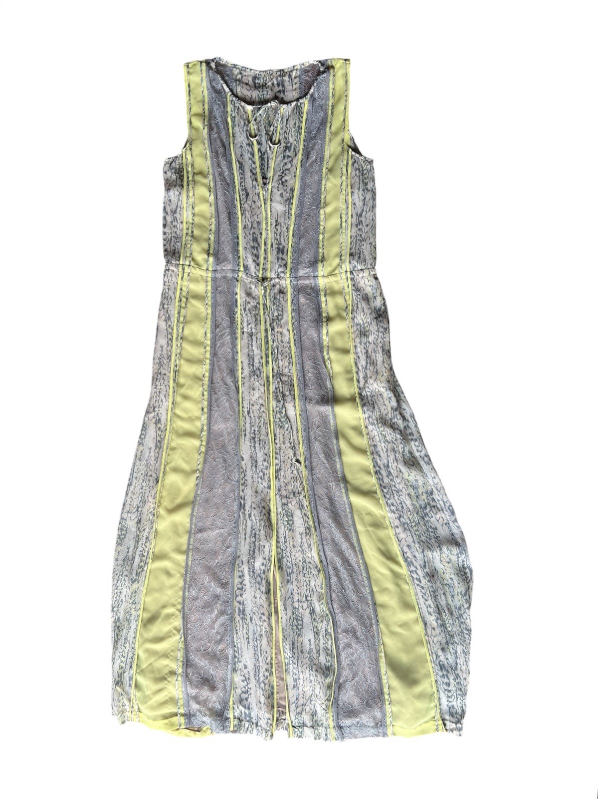BCBG Silk Yellow Gray Maxi Dress Women’s Size L Sleeveless Elegant