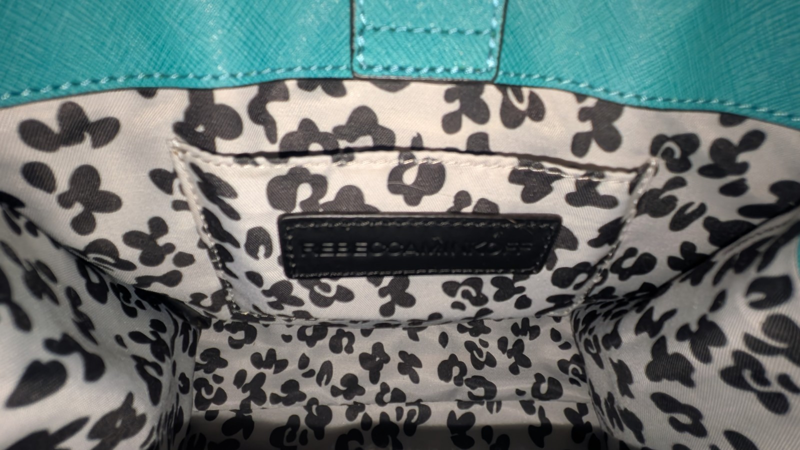 Rebecca Minkoff Mini MAB tote bag teal saffiano leather and gold-tone hardware.