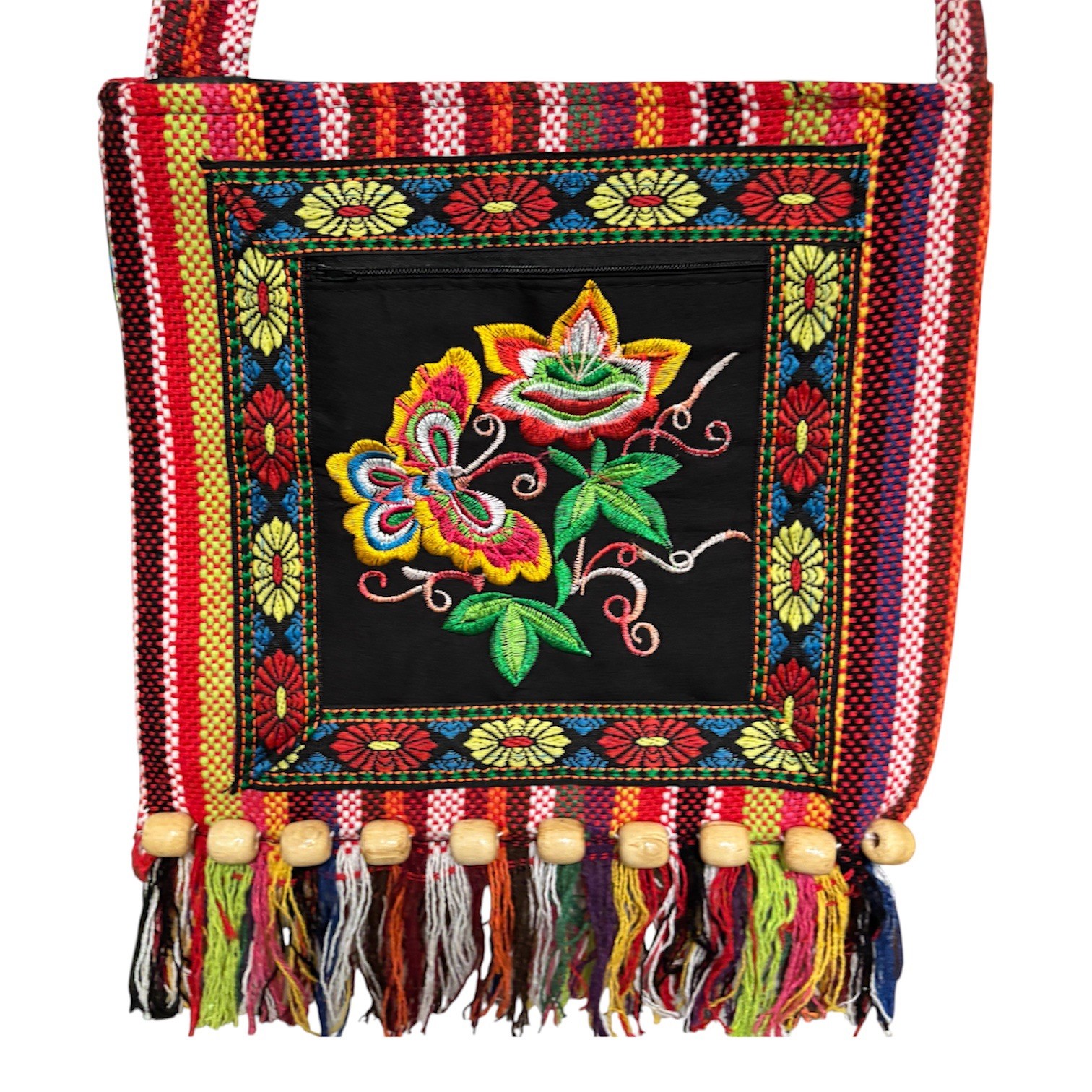 Mexican Embroidered Beaded Tassel Fringe Crossbody Zipper Closure Flower Stripe