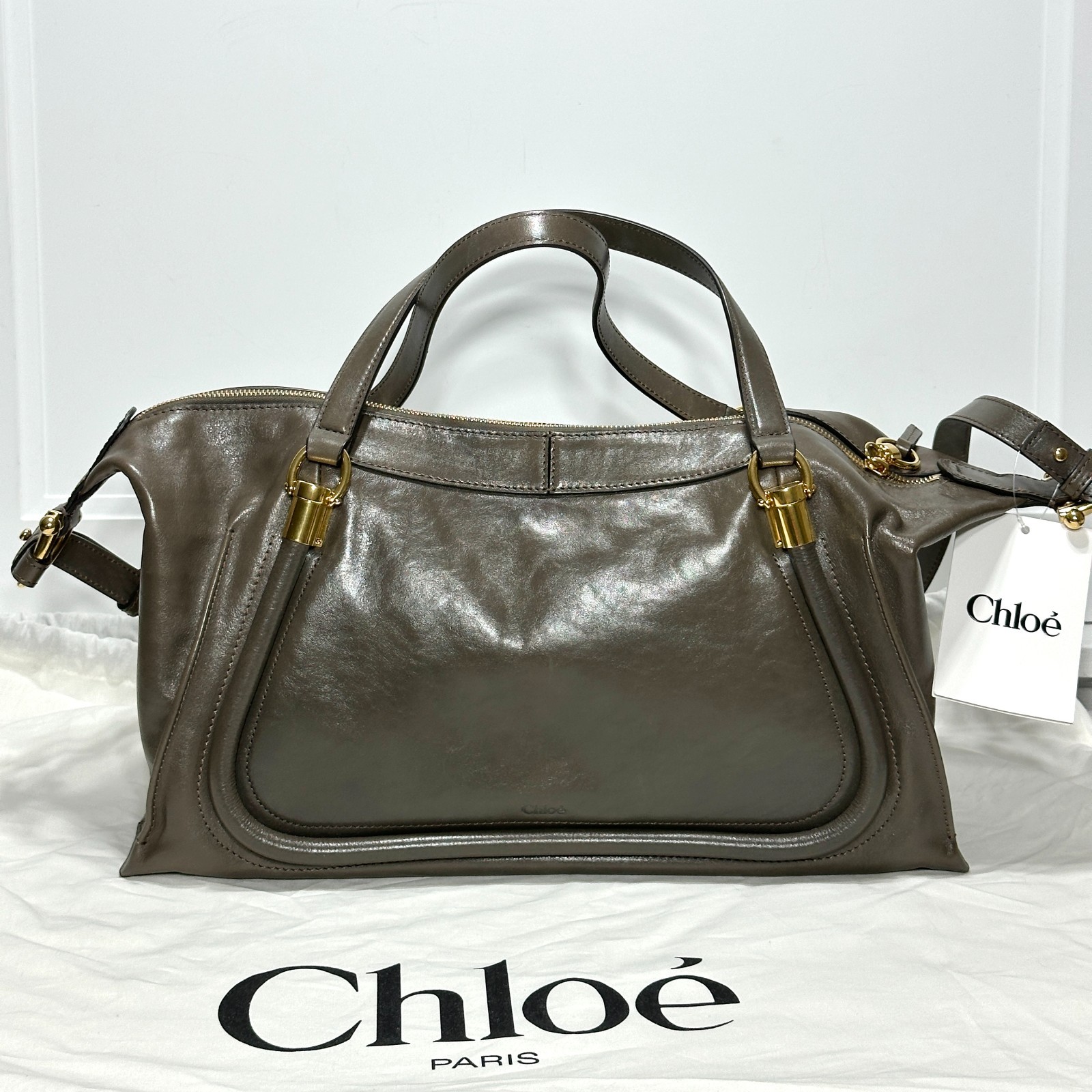 Chloe Paraty 24 Large Bag in Flannel Grey Shiny Calfskin NWT