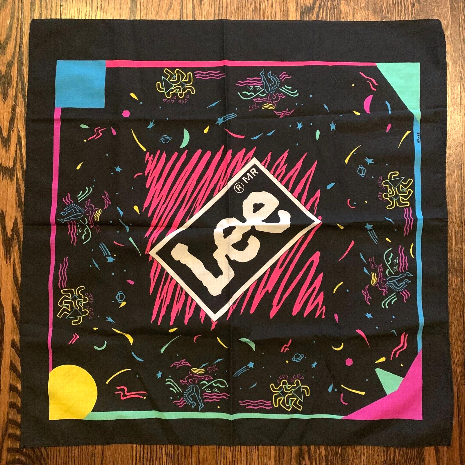 Vintage 80s Lee Bandana Black Neon Signed Logo Advertising Square Handkerchief