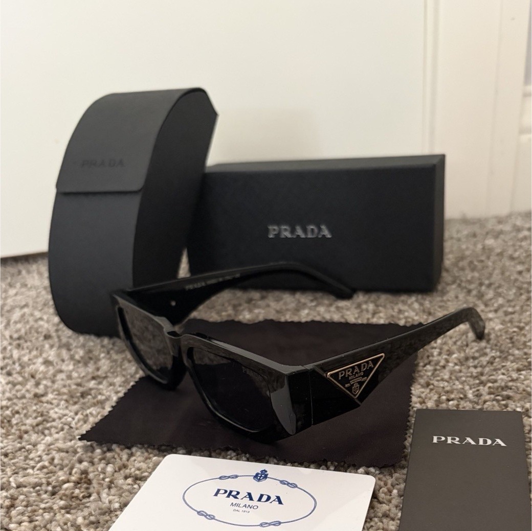 PRADA Unisex Gold Square Sunglasses Milano Black Frame Black Lens (with box +)
