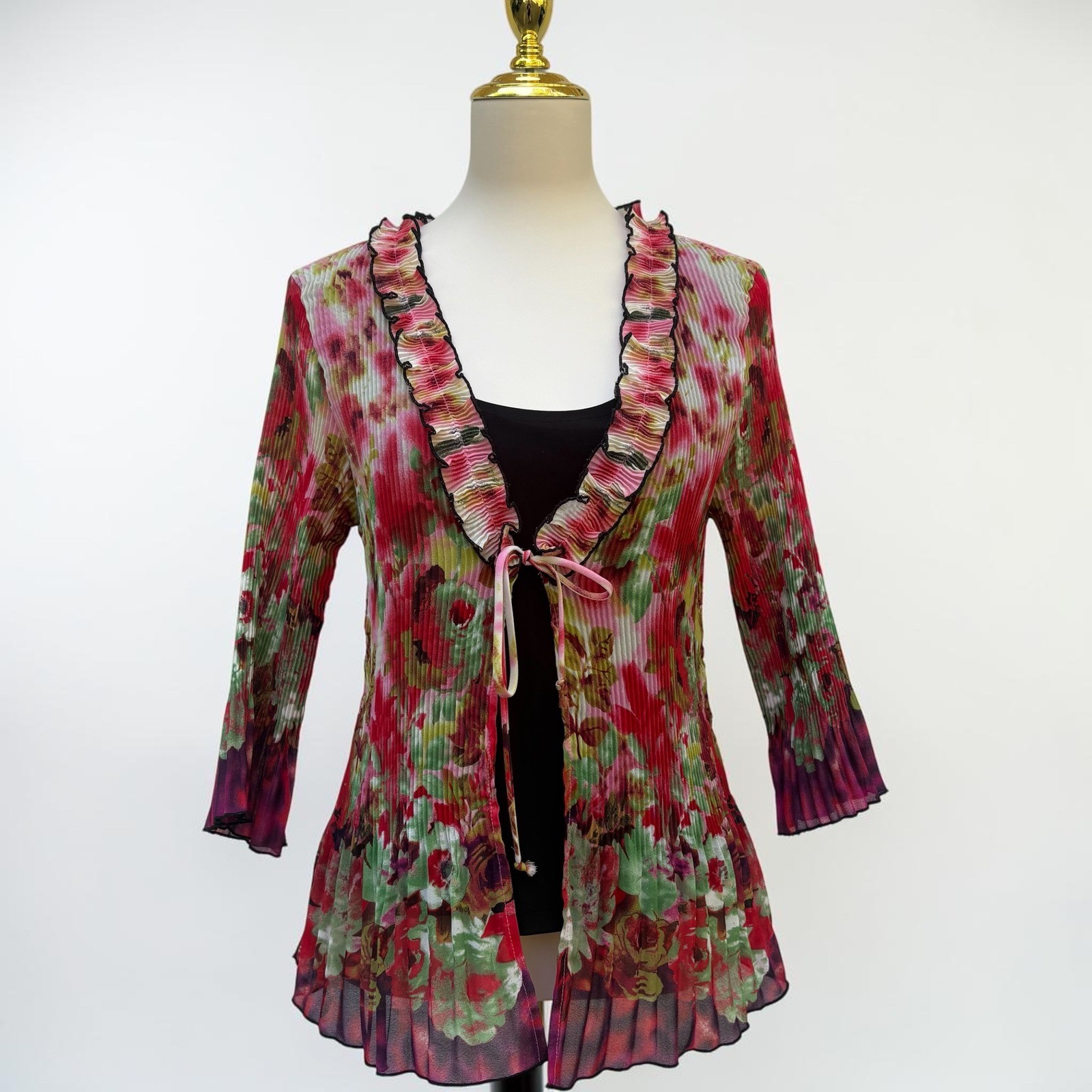 VTG Nicola Petite Floral Pleated Cardigan PL Pink Tie Watercolor Ruffle Coquette