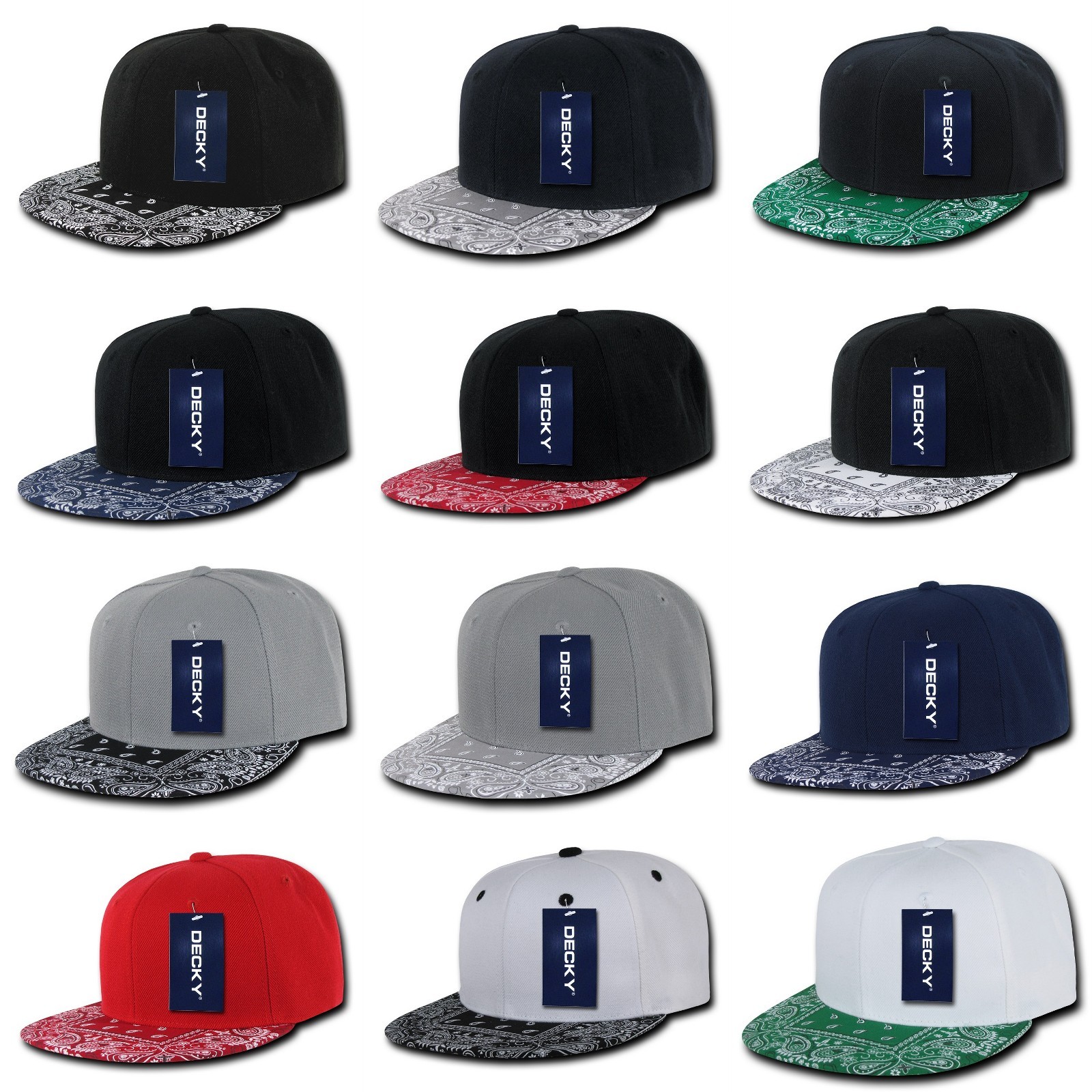 Plain Solid Blank Paisley Bandana Print Brim Flat Bill Snapback Baseball Hat Cap