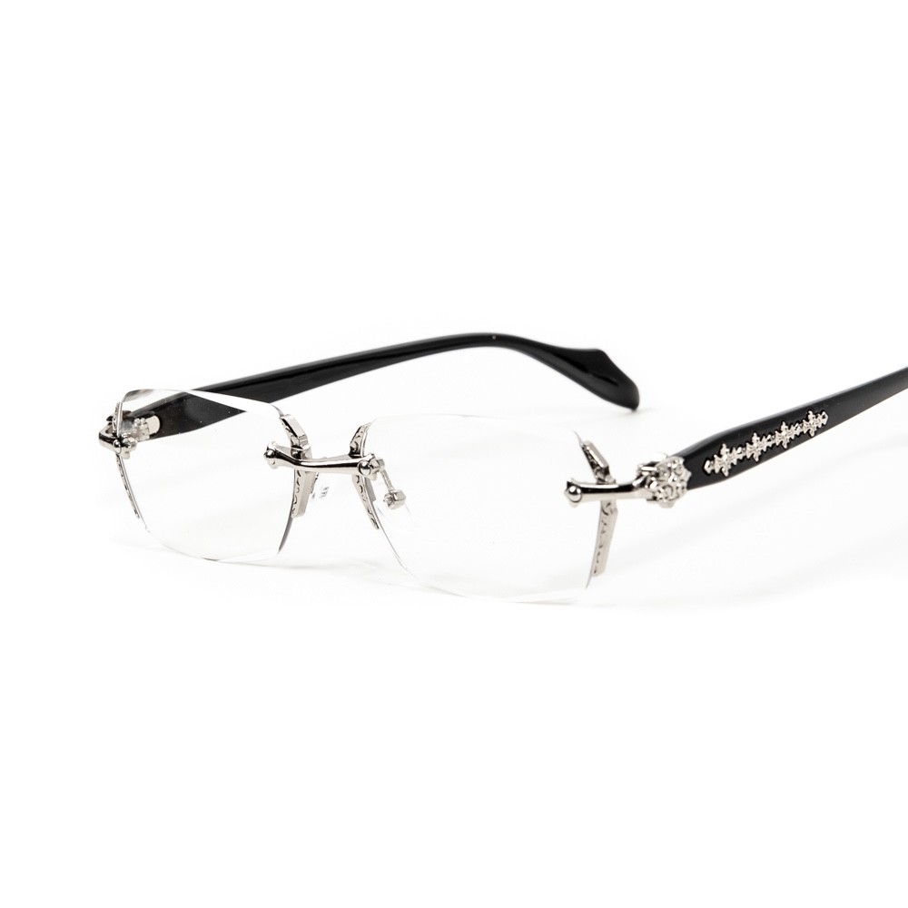 Retro Gothic Cross Style Edge Cut Rimless Clear Lens Silver Frame Eye Glasses