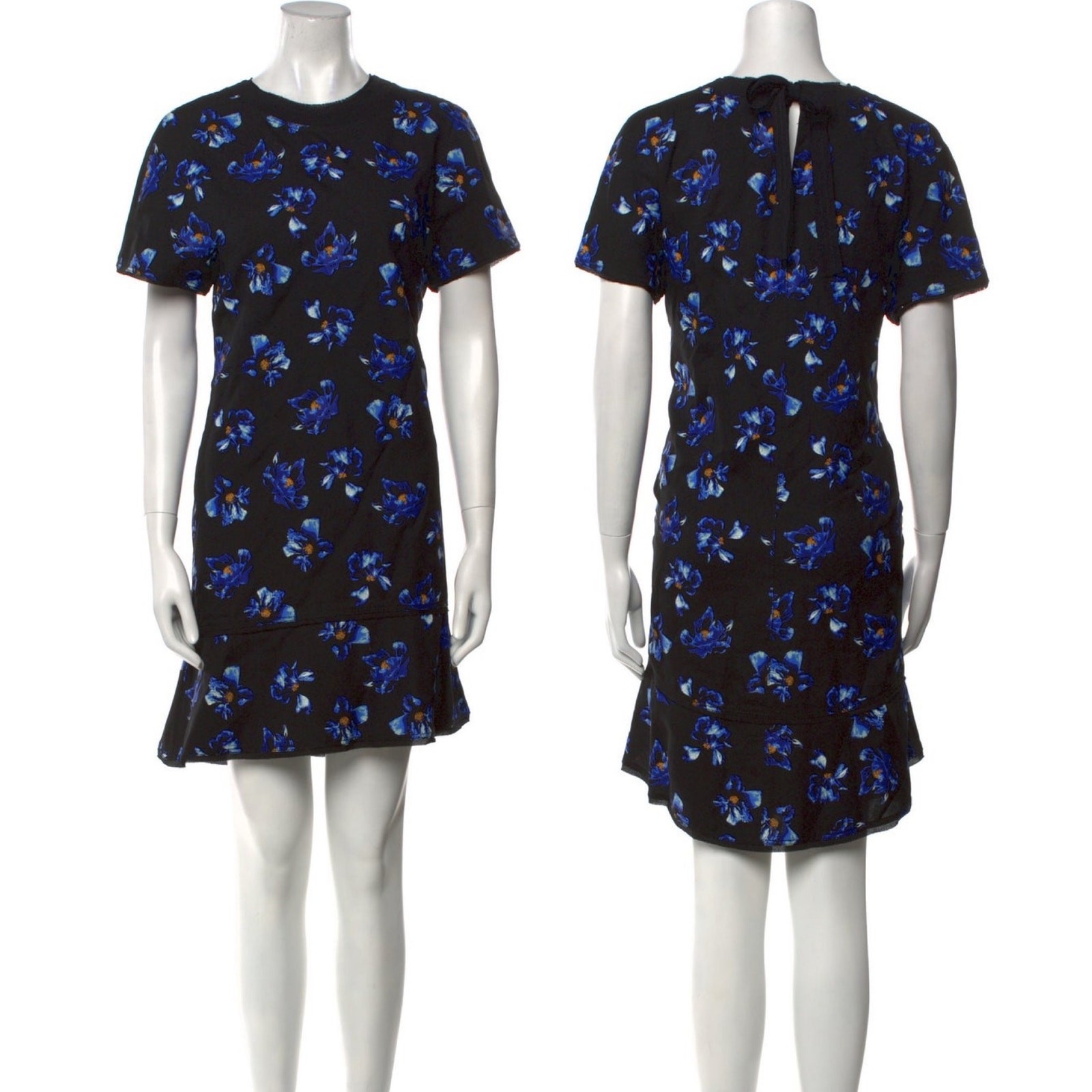 Proenza Schouler Floral Print Blue Black Tie Back Short Sleeve Mini Shift Dress