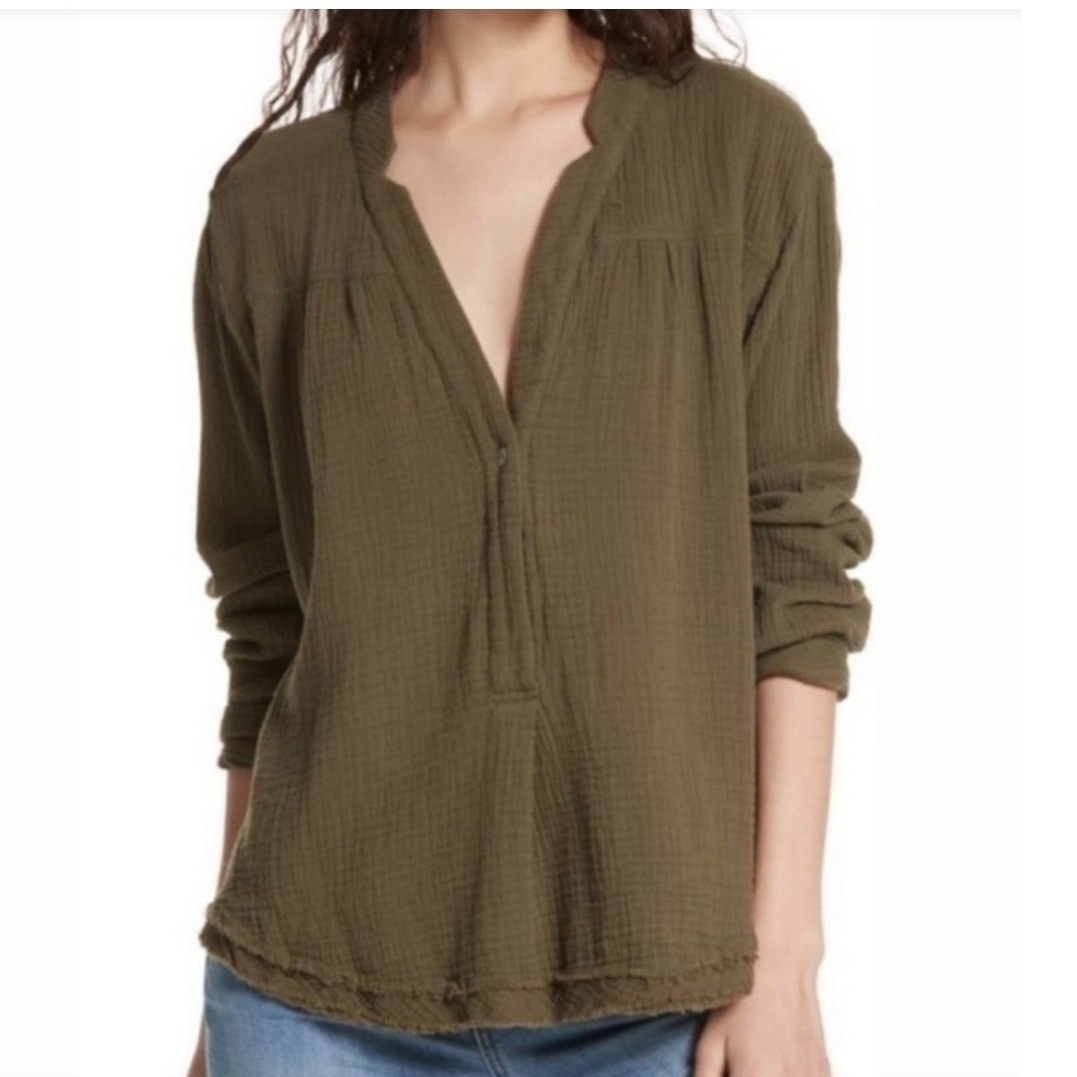 Free People Changing Horizons Crinkle Gauze Top Henley Boho Large
