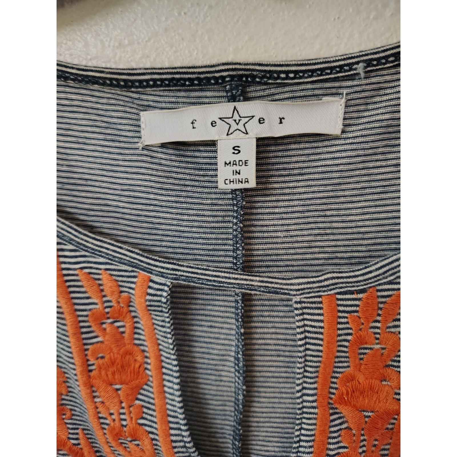 Fever Womens Small Tank Top Navy White Striped Orange Floral Embroidered Boho