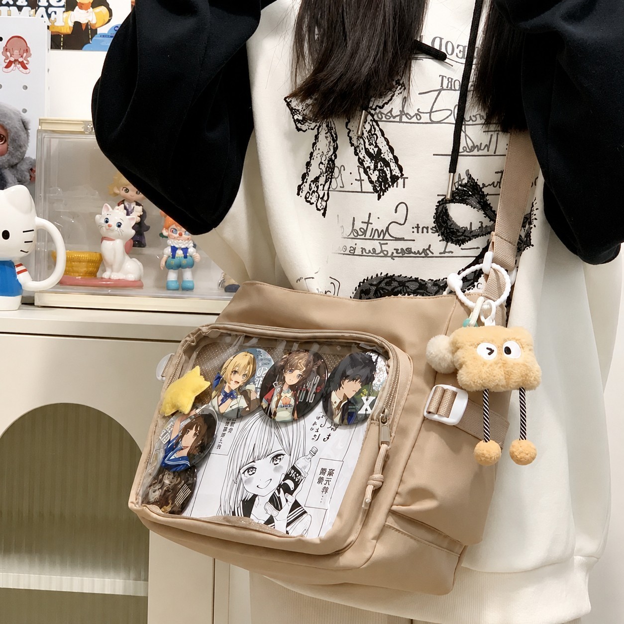 Preppy Style Transparent Large Capacity Shoulder Crossbody Bag + Plush Pendant