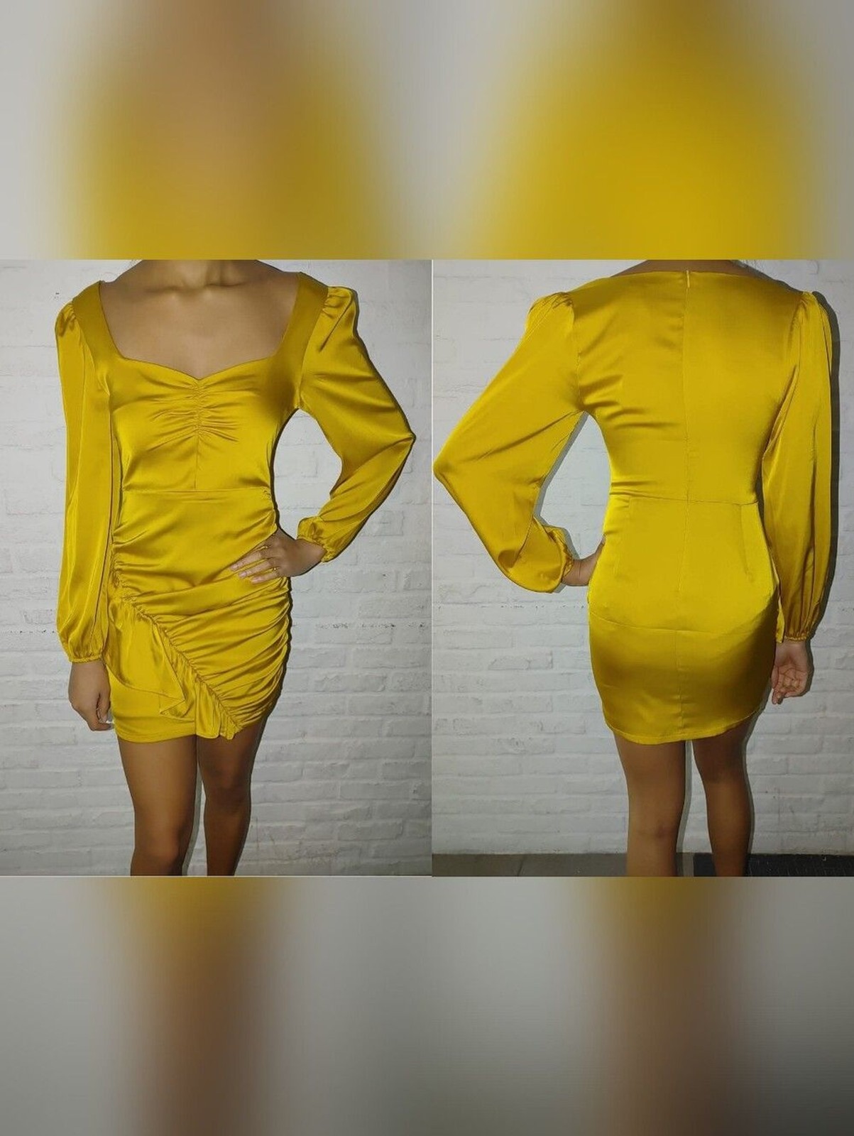 Women’s Yellow Satin Ruched Mini Dress