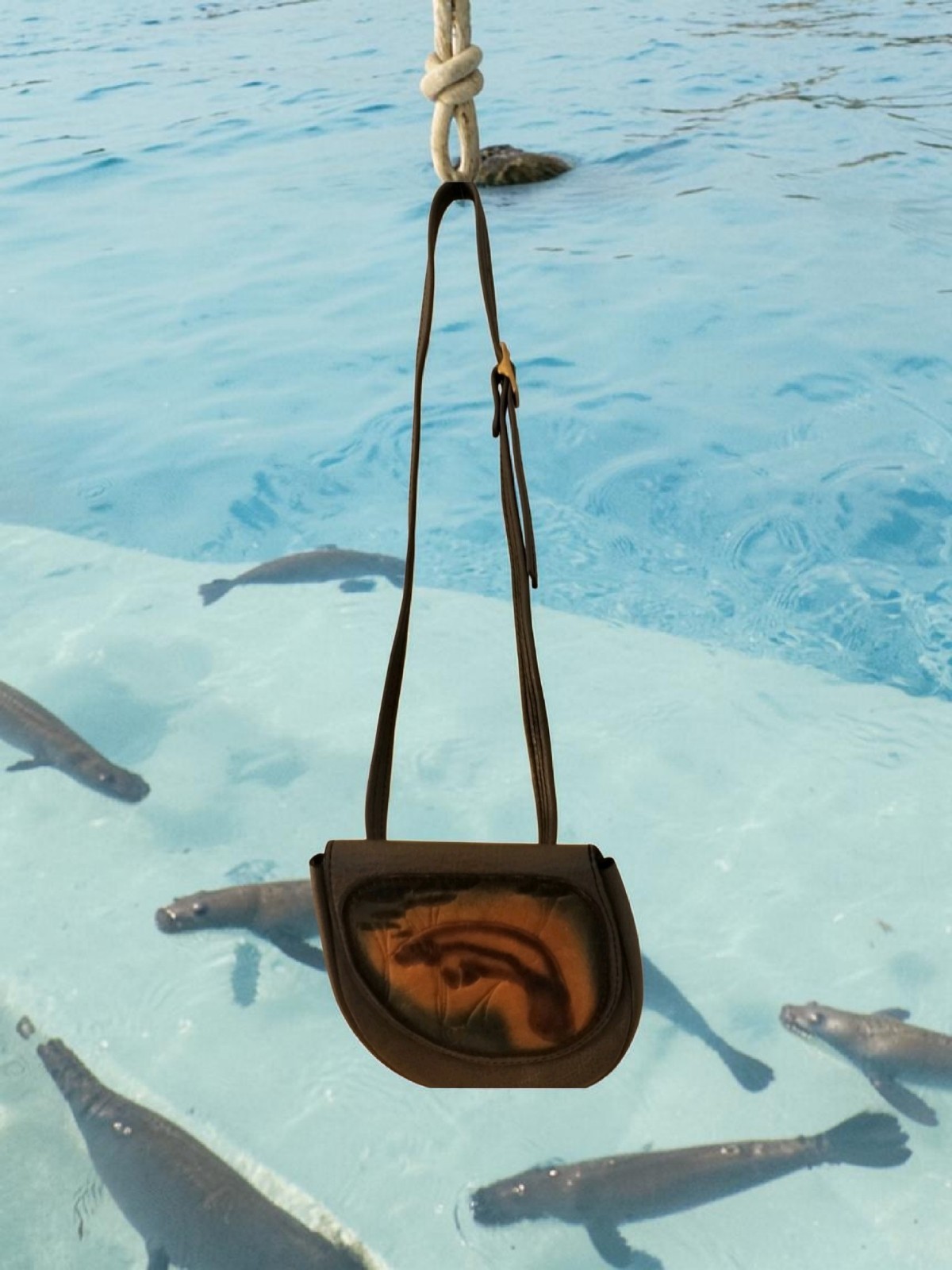 Manatee Gray Leather Mini Purse/35 In/Wear Around Neck Or Around Waist
