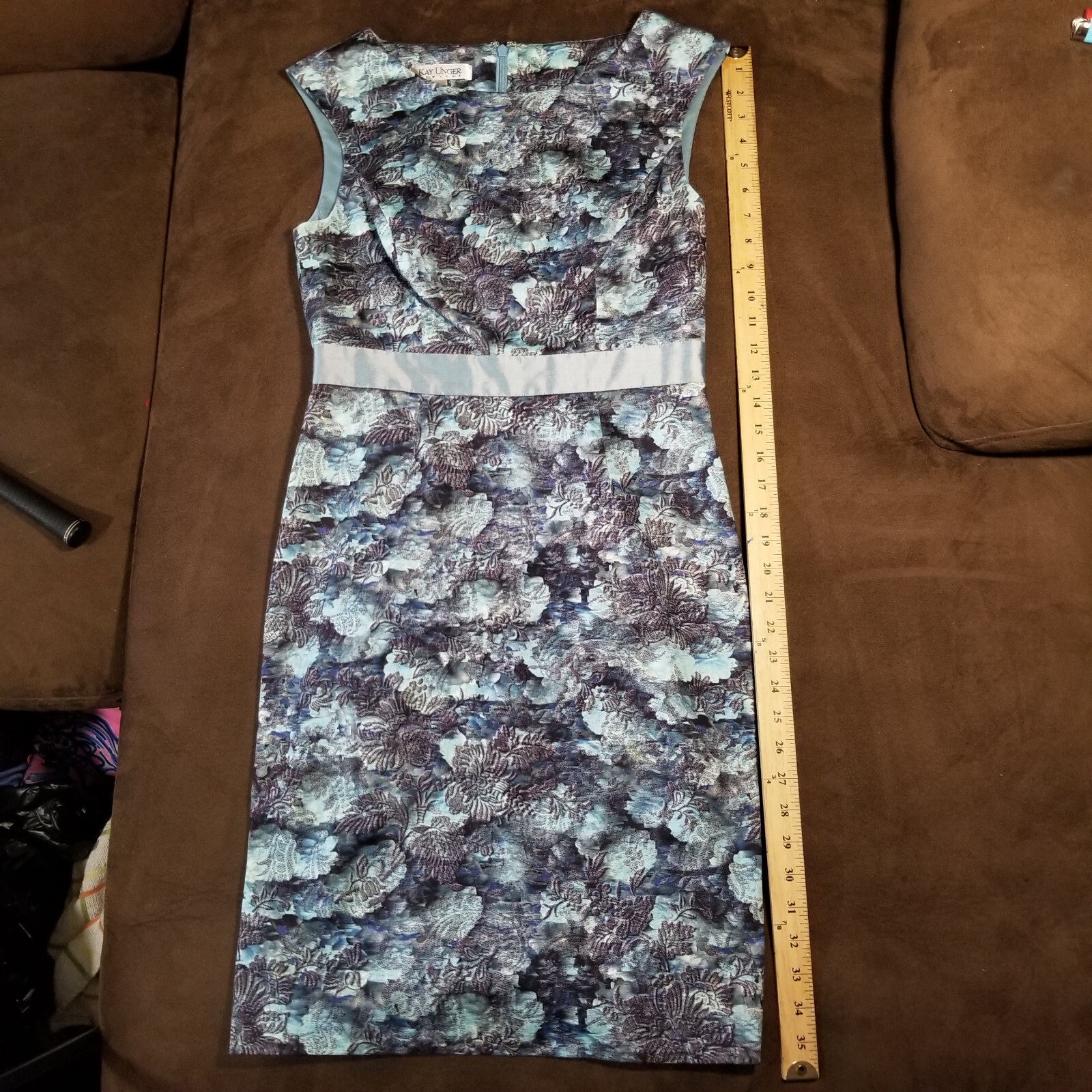 KAY UNGER SLEEVELESS MAXI DRESS BLUE FLORAL COTTON SILK SPANDEX POLYESTER Sz 4