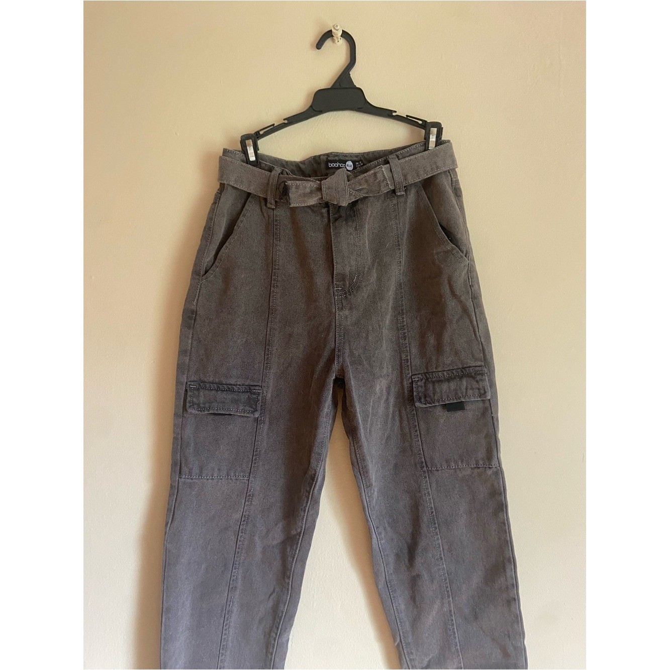 Boohoo Grunge 80s 90s Punk Indie Alt Washed Charcoal Cargo Pants With Tie Belt