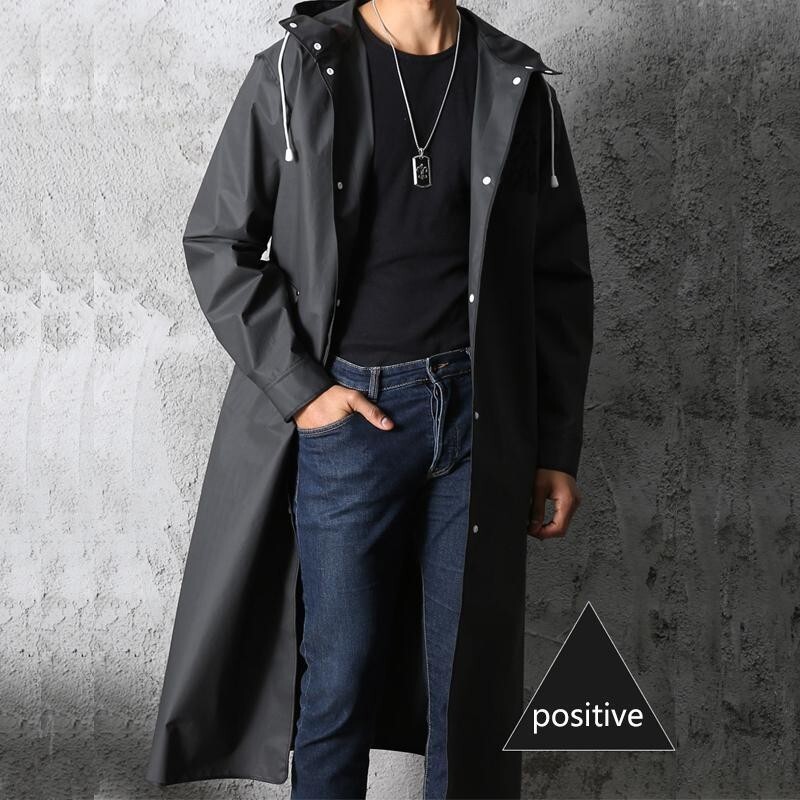 Men Black Waterproof Long Raincoat Hooded Trench Jacket Outdoor Hiking Rain Coat